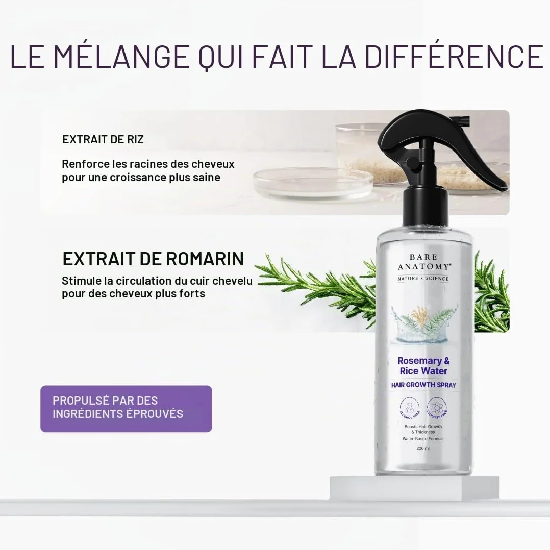 Bare Anatomy Nature x Science Vaporisateur d'eau de romarin croissance cheveux eau de riz 100% naturel