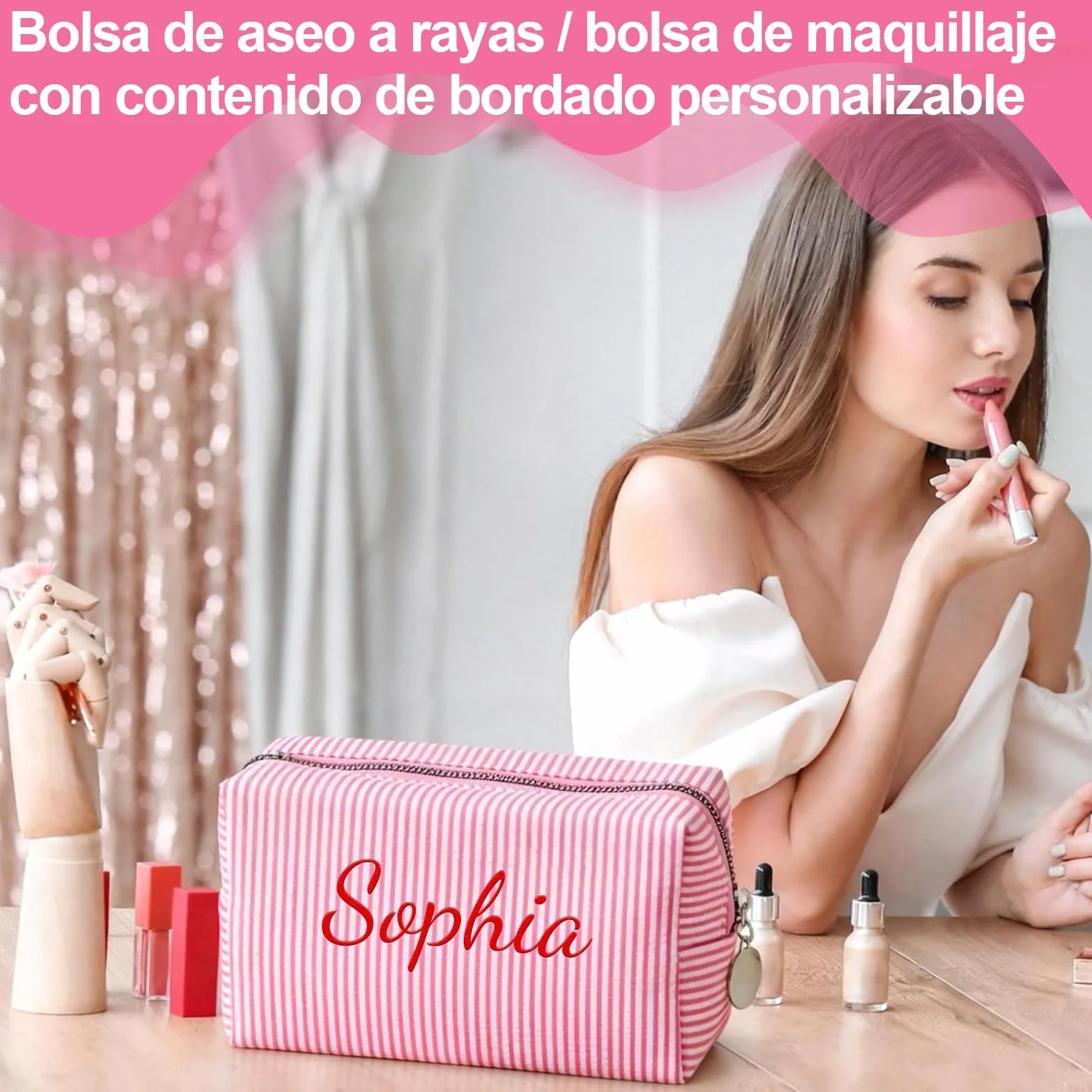 Trousse de Maquillage Personnalisée avec Nom, Sac Cosmétique en Tissu à Rayures, Grande Capacité, Multicolore, Cadeau pour Femme (Rouge)