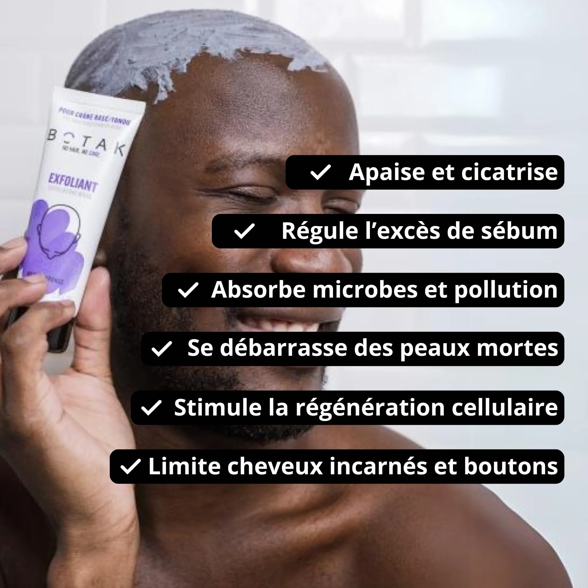 Masque Exfoliant Doux et Purifiant BOTAK Crâne Rasé et Chauve, Français | 99% d’origine naturelle, Vegan, Absorbe l’excès de sébum, limite boutons et poils incarnés, Régulateur de pH et microbiote