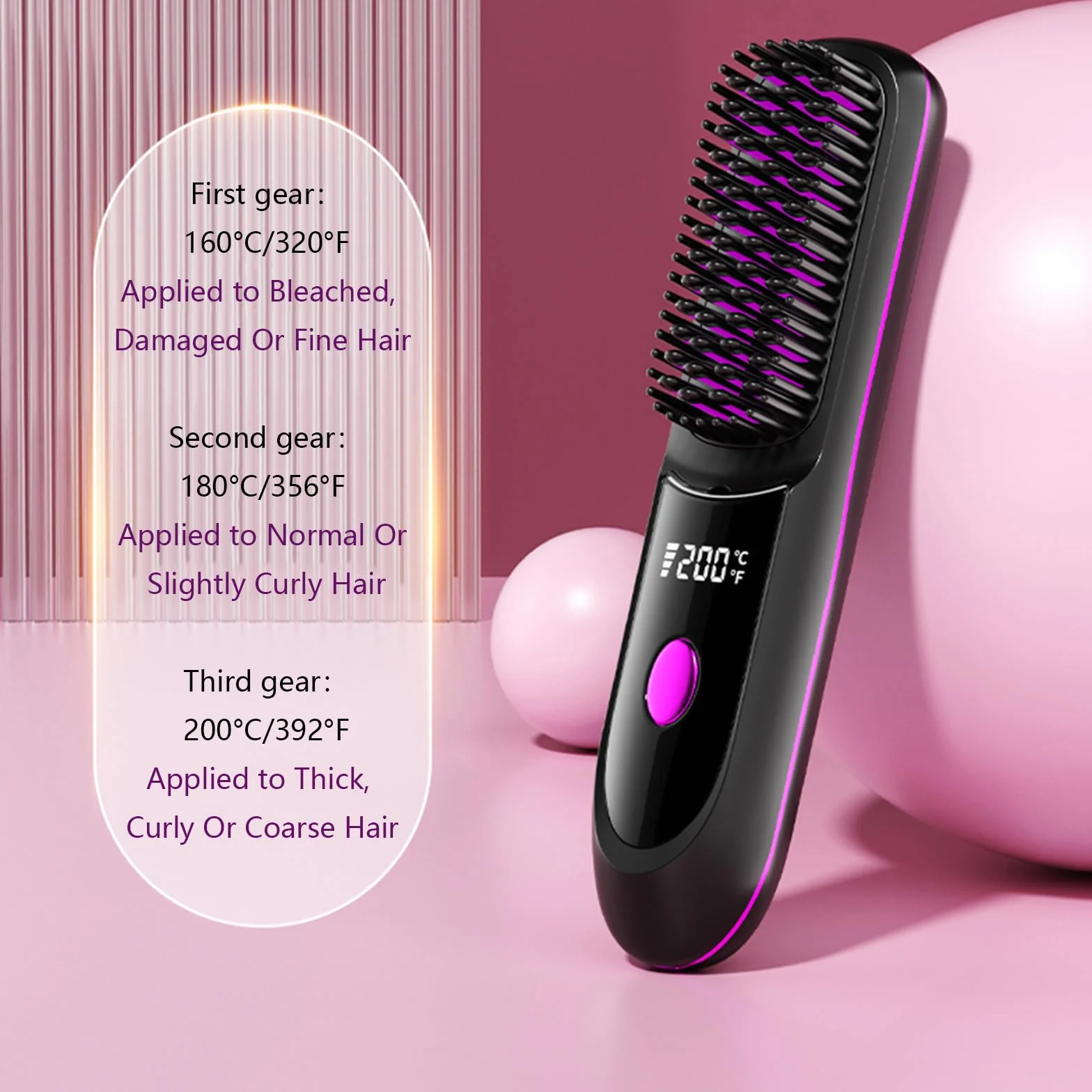 Go Brush Pro Fer à lisser – Peigne sans fil avec ion négatif, chauffage rapide 6000 mAh et design de voyage portable, brosse rechargeable pour lisser et boucler (violet, 1 pièce)