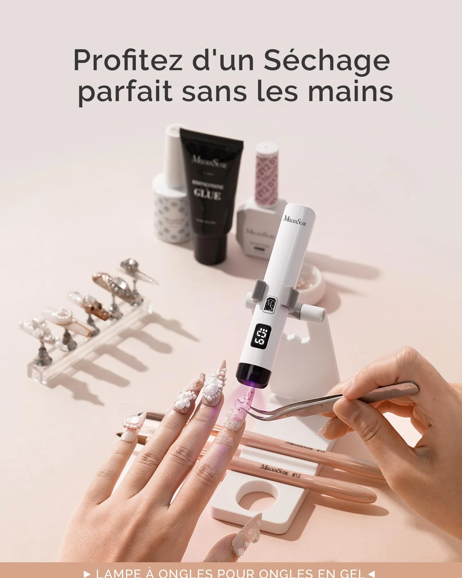MelodySusie Portatif Lampe UV Ongles Gel avec Support, Rechargeable, 2 Minuteries, Séchage Rapide, Affichage LED, Blanc