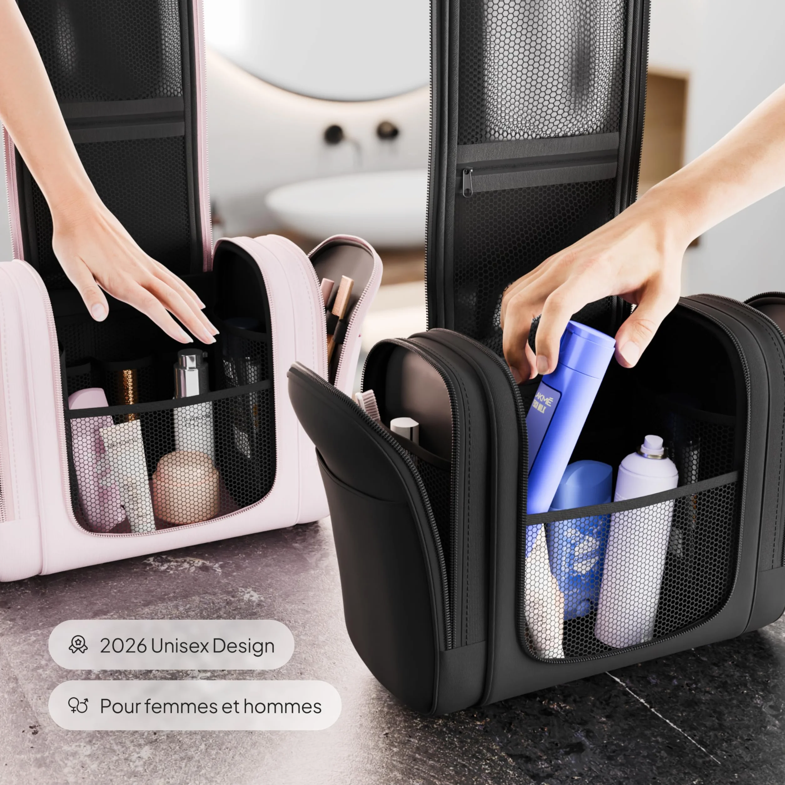 VanLindson Trousse de Toilette XXL Homme Femme 9L Rangement 3-en-1 Voyage Suspendre Imperméable Noir Mat