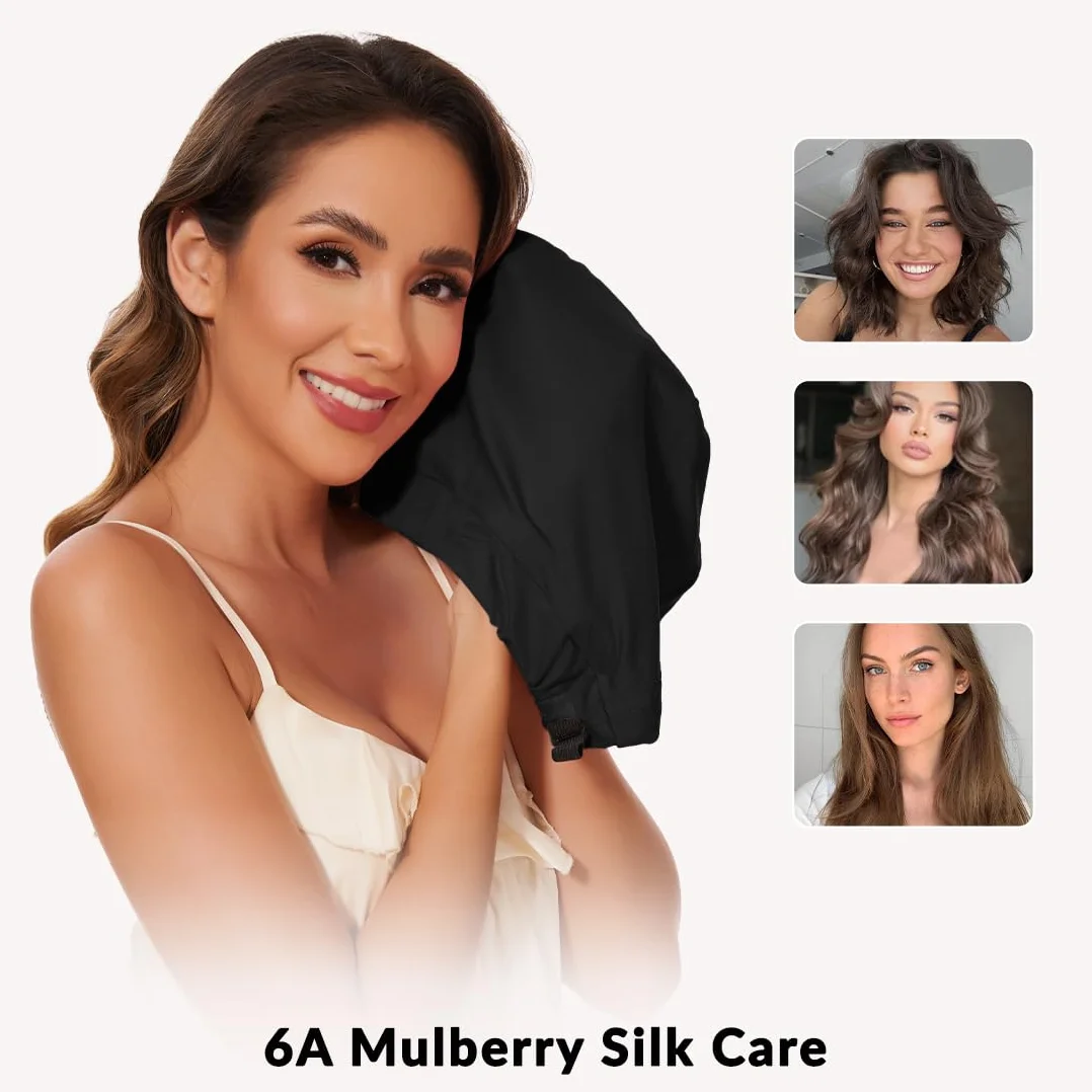 Bonnet de nuit en 100 % soie de mûrier pour femme - Bonnet de nuit en soie avec fermeture réglable - Bonnet souple à doublure en soie pour boucles et cheveux longs - Noir
