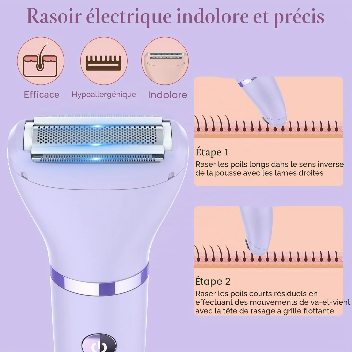 Rasoir Electrique Feminin Tondeuse précise visage zones sensibles, Sans fil, Étanche, Écran LCD, Violet, 3 en 1