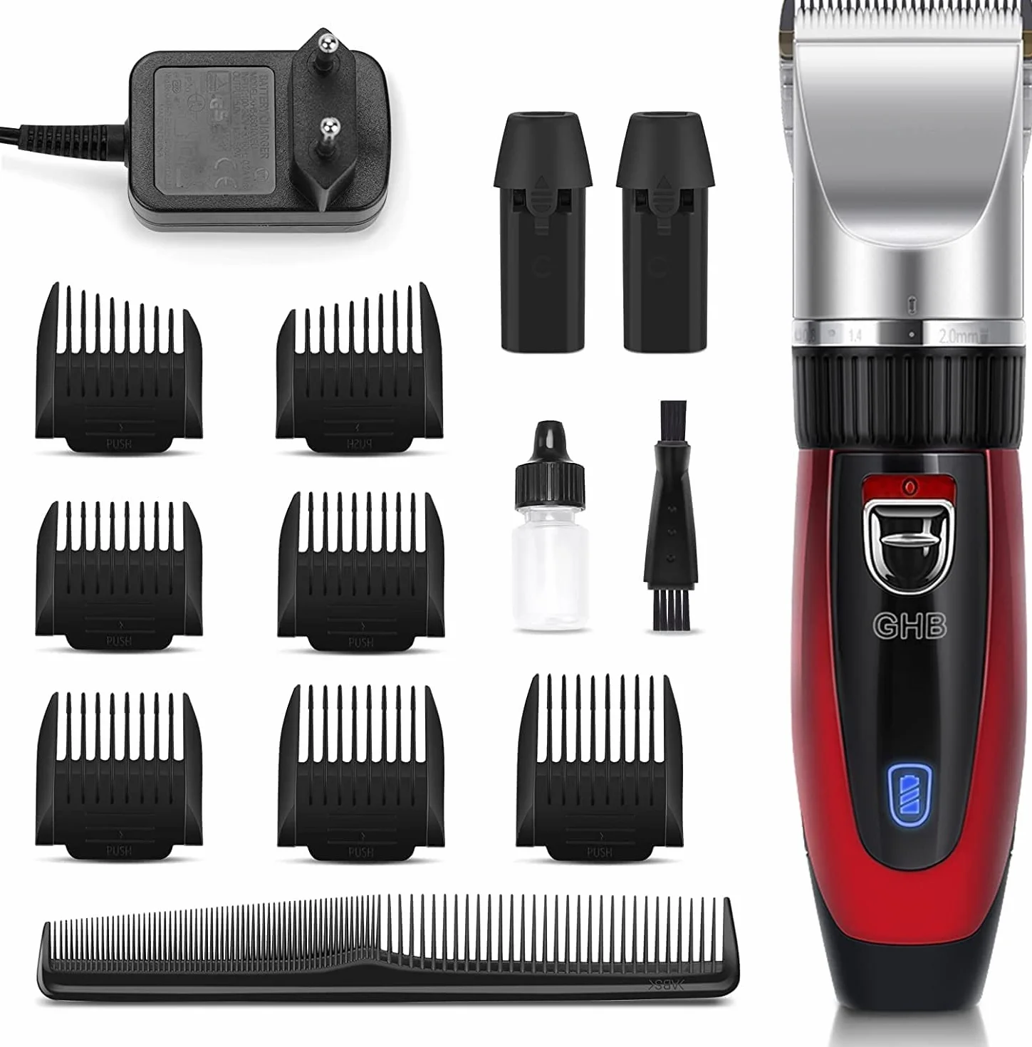 GHB Tondeuse Cheveux Hommes Tondeuses à Cheveux Professionnel Sans Fil Rechargeable avec 7 Peignes et 2 Batteries au Lithium pour Enfants Adultes Personnes Agées Salon