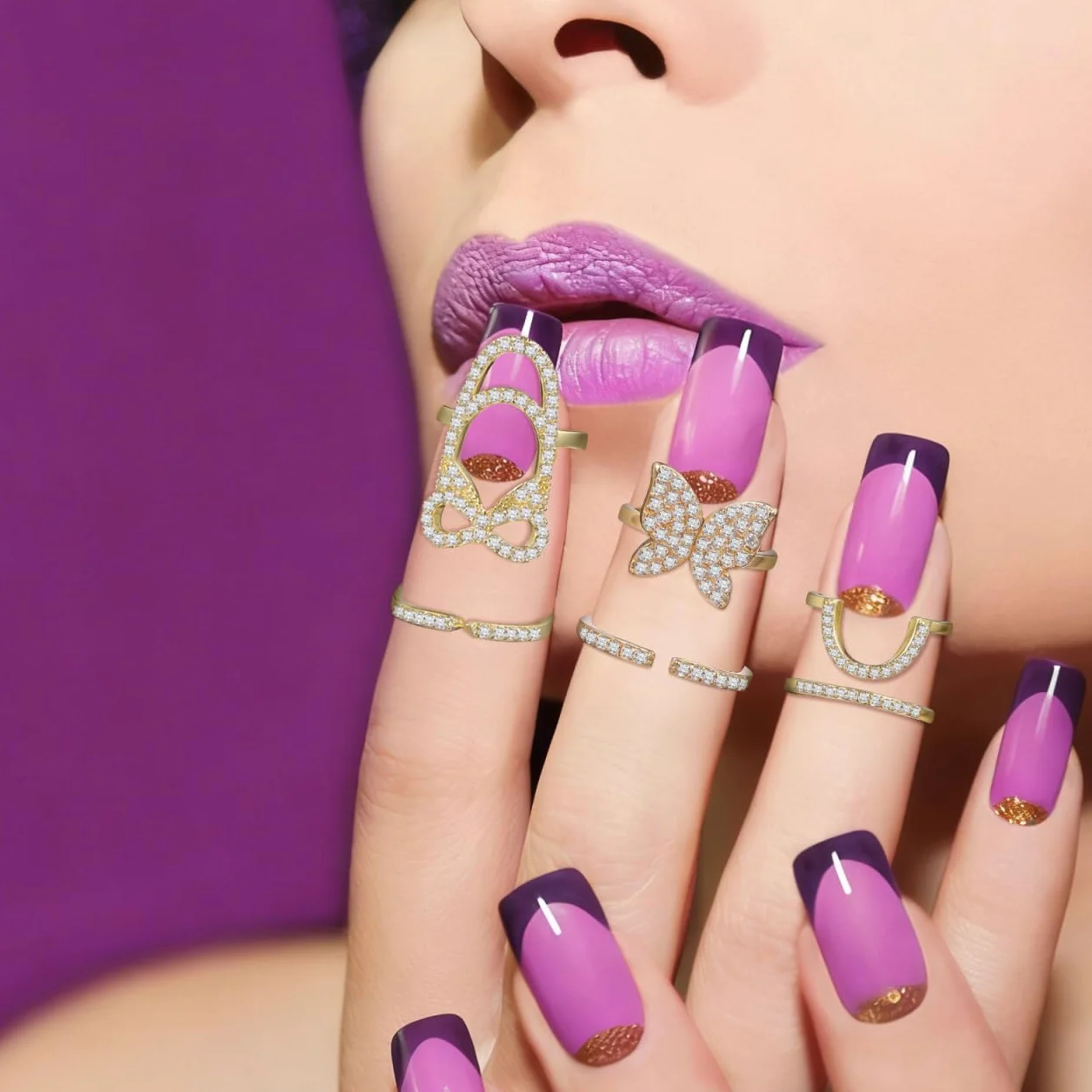 Bagues À Ongles Zircon Strass Nail Art Bijoux Décoration Pour Femmes 3 Pièces