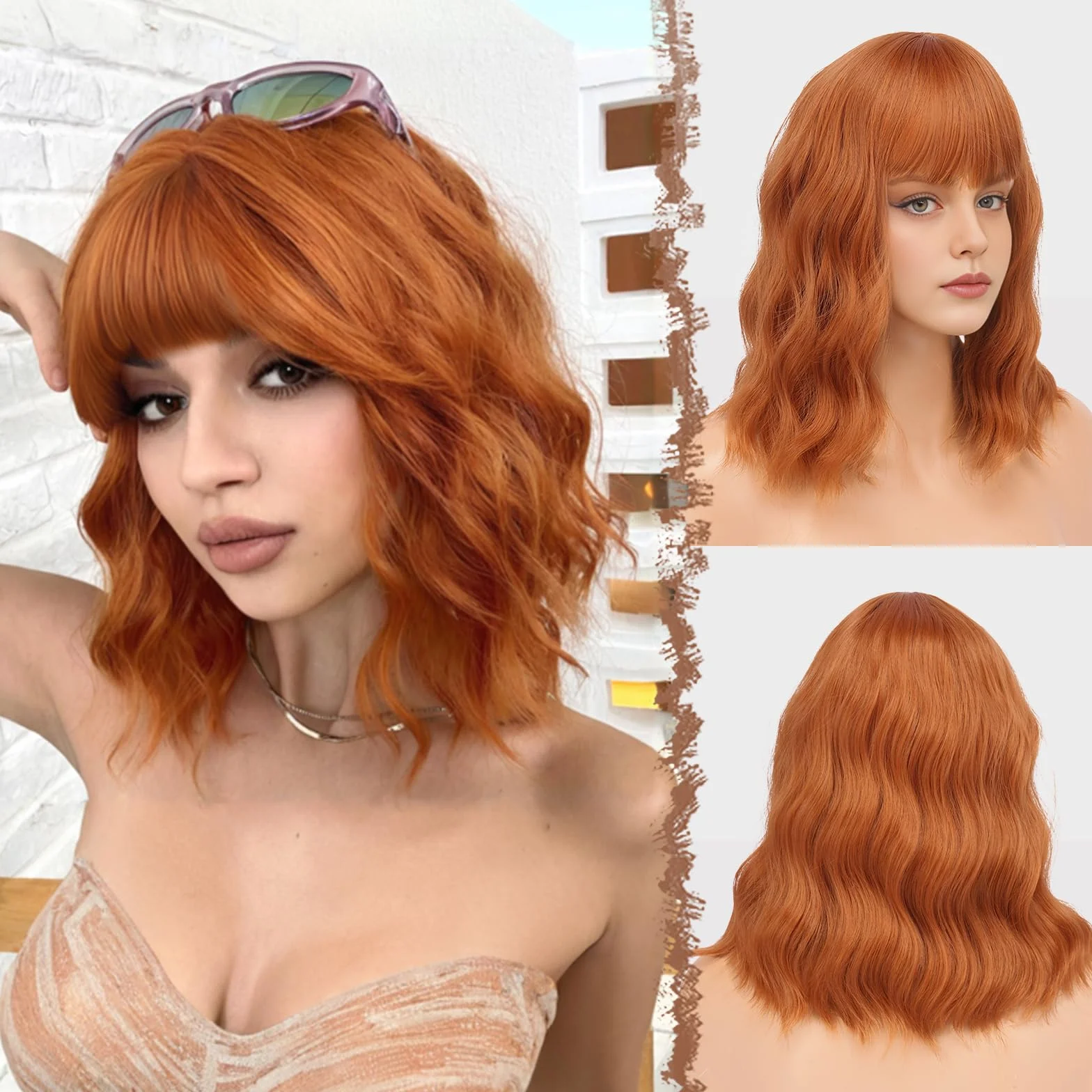 FESHFEN Perruque ondulée avec frange - 35 cm - Orange foncé - Longueur épaules dénudées - Cheveux synthétiques - Pour femme et femme - Pour le quotidien, le carnaval