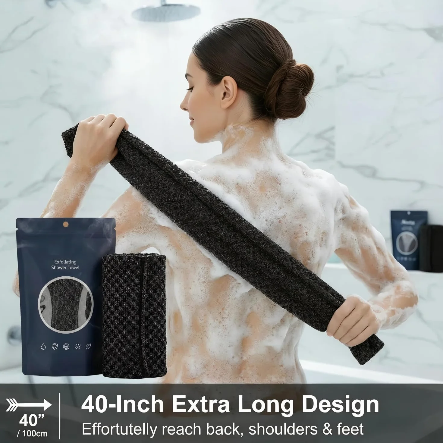 Ecovia Serviette Exfoliante Douche Fibres Bambou Charbon Actif Exfoliation Douce Peaux Sensibles Rugueuses 3Pack