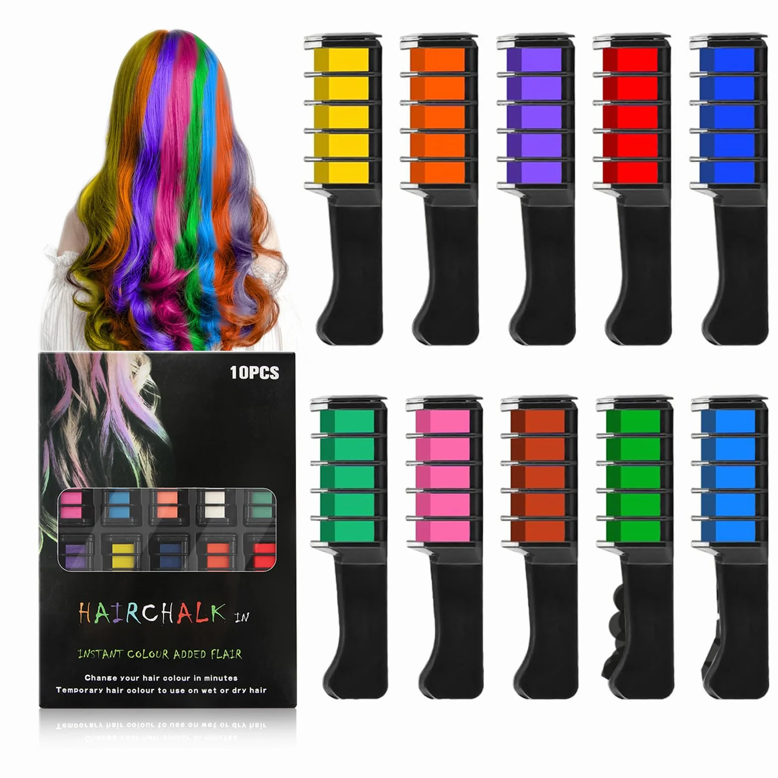 Craie Capillaire Lavable 10 Couleurs Peigne à Cheveux Teinture Temporaire Fête Cosplay