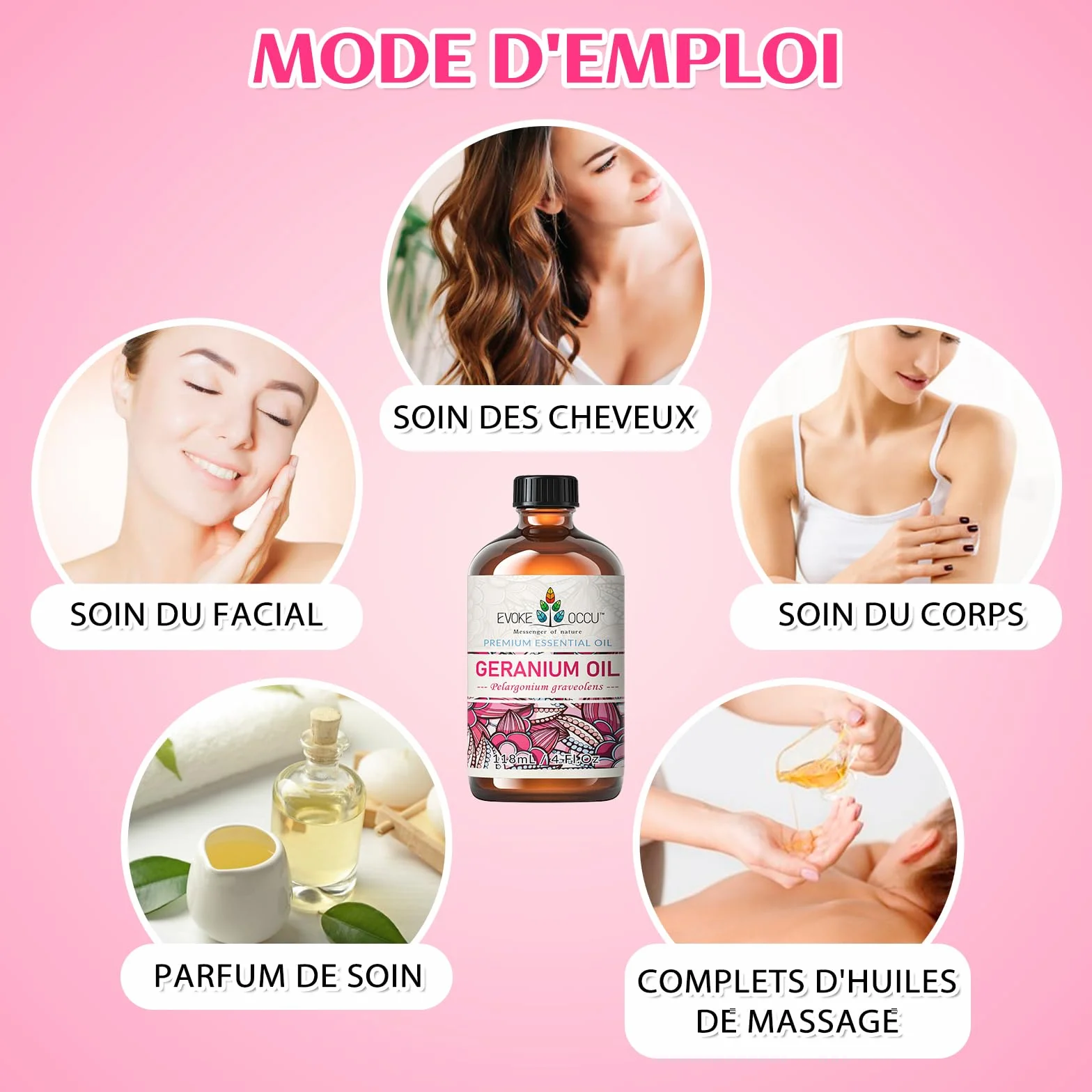 Huile Essentielle de Géranium EVOKE OCCU 118 ml Pure pour Peau, Cheveux, Massage et Aromathérapie