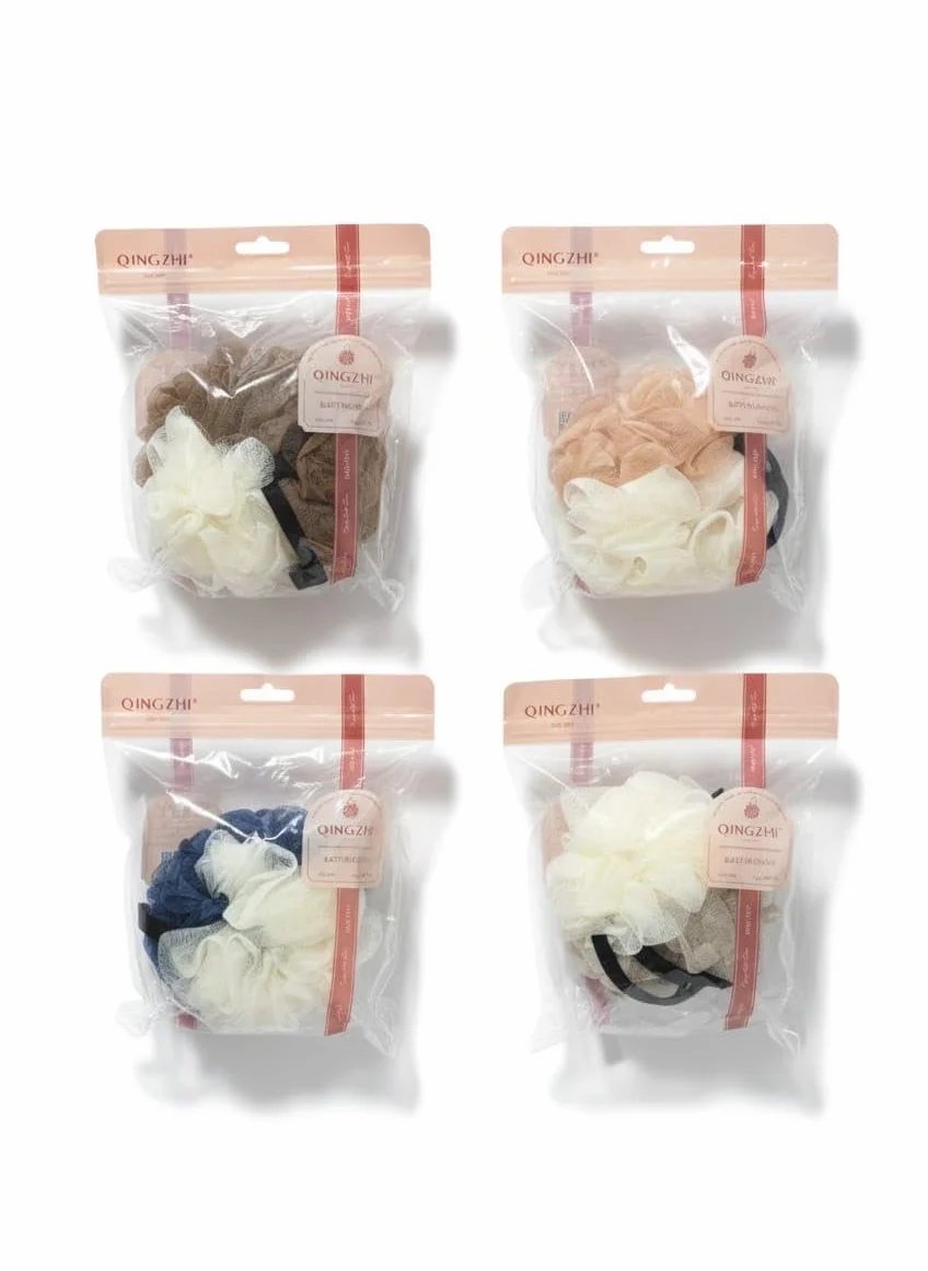Fleurs de Douche Exfoliantes Pack de 4 – Marron/Blanc, Blanc/Rose, Bleu/Blanc, Beige/Blanc – Mousse Abondante