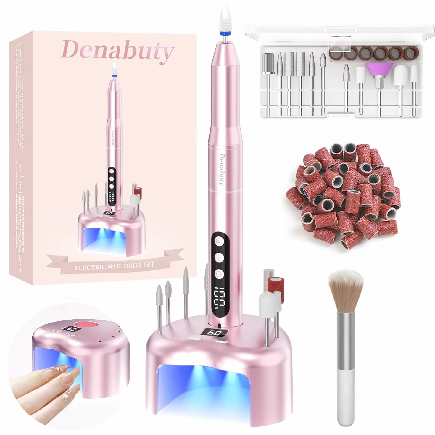 Ponceuse pour Ongles, Lime a Ongle Electrique Sans Fil Avec Lampe UV Et Écran LED & Support, Ponceuse à Ongles Professionnelle 35000 tr/min Manucure et Pédicure Kit Vitesse Reglable Rose
