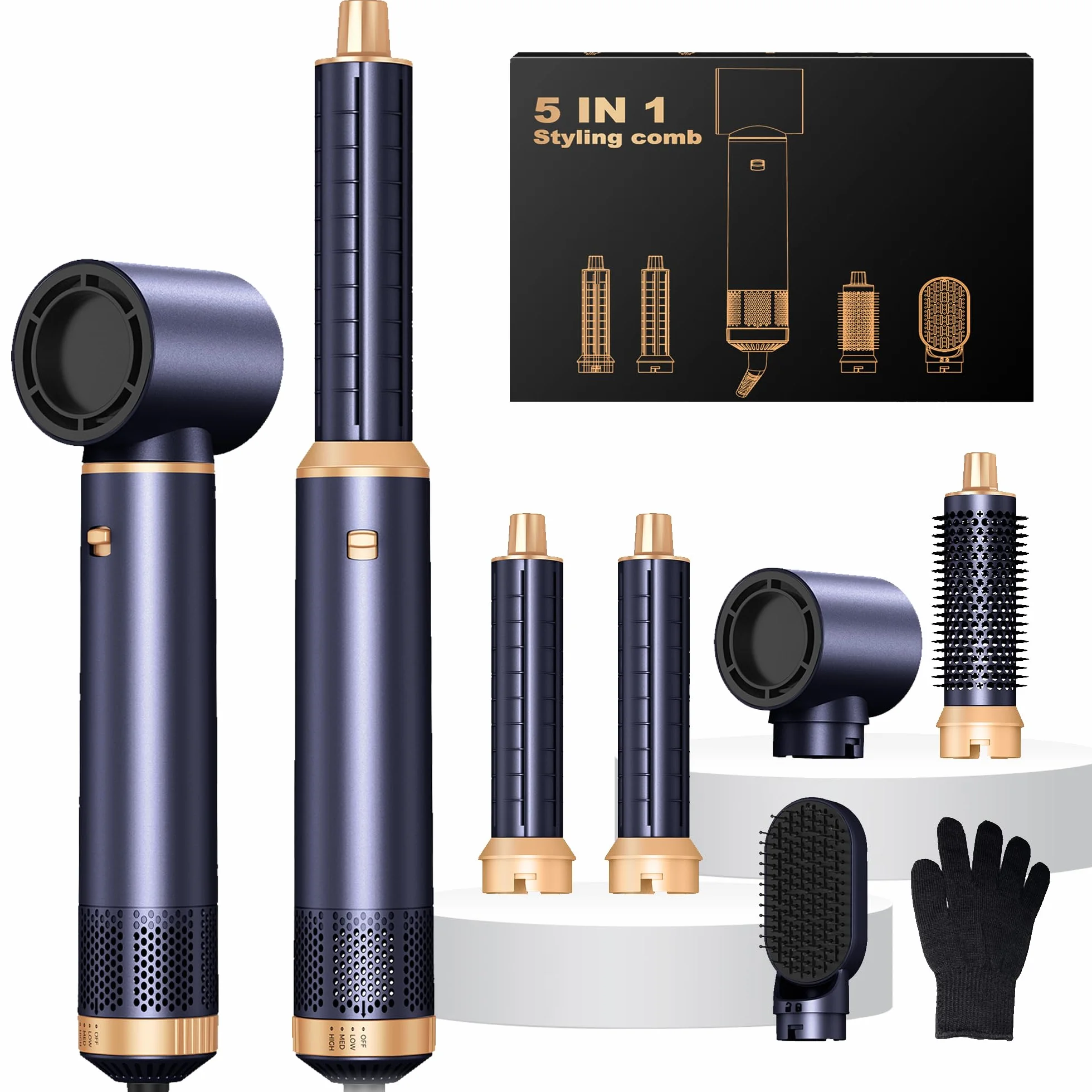 Airbrush 5 en 1 Seche Cheveux 5 en 1, Brosse Soufflante 5 en 1 Avec Seche Cheveux Boucleur, Brosse Souflante, Thermal Brush, Air Styler 5 en 1 Pour Sécher, Boucler, Lisser, Cadeau pour femme