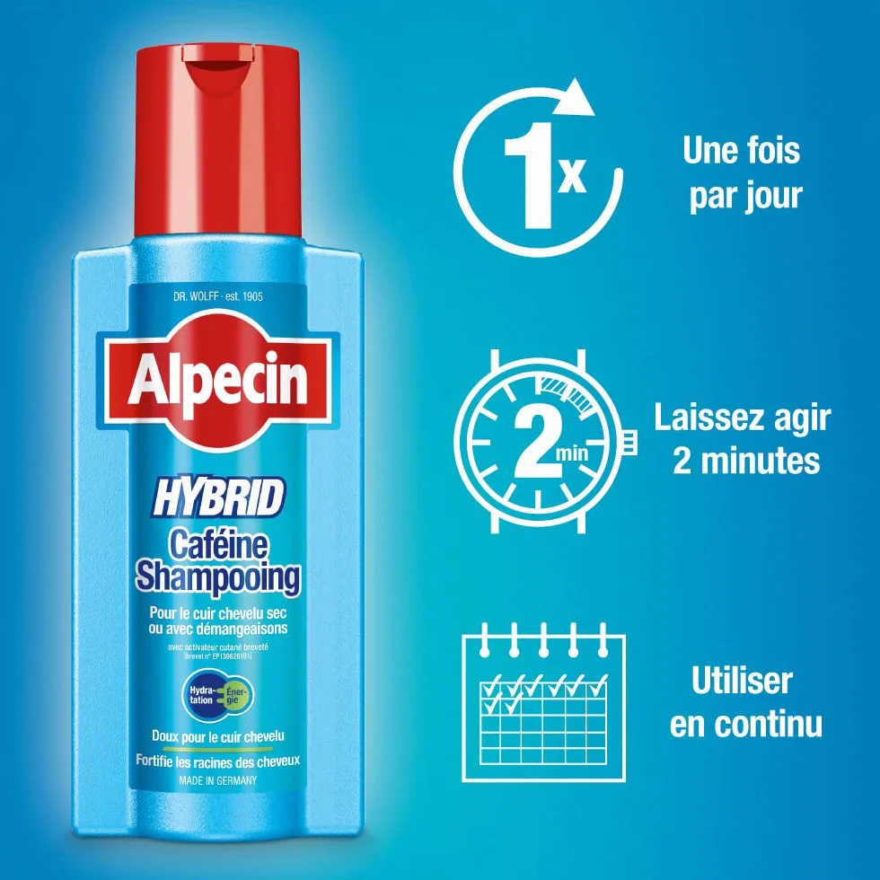 Alpecin Shampooing Hybride à la Caféine 3x250ml | Antipelliculaire | Contre les cheveux secs | Shampooing Homme | Traitement anti-calvitie