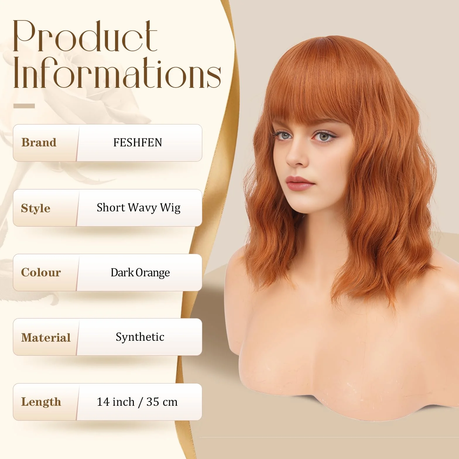 FESHFEN Perruque ondulée avec frange - 35 cm - Orange foncé - Longueur épaules dénudées - Cheveux synthétiques - Pour femme et femme - Pour le quotidien, le carnaval
