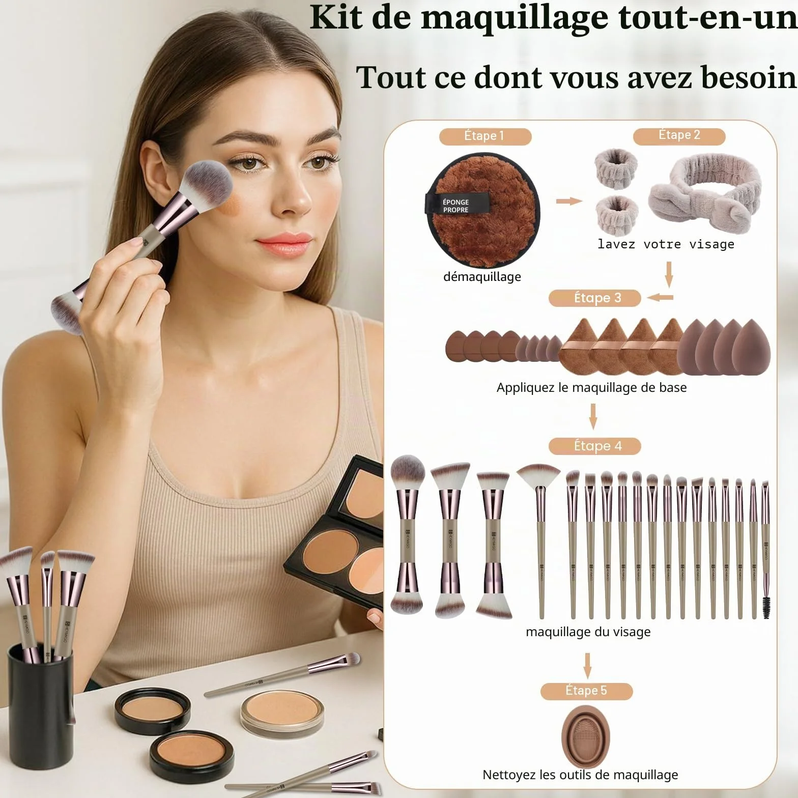 HEYMKGO Kit de 40 Pinceaux de Maquillage Professionnels - Set Complet Pinceaux Double Face