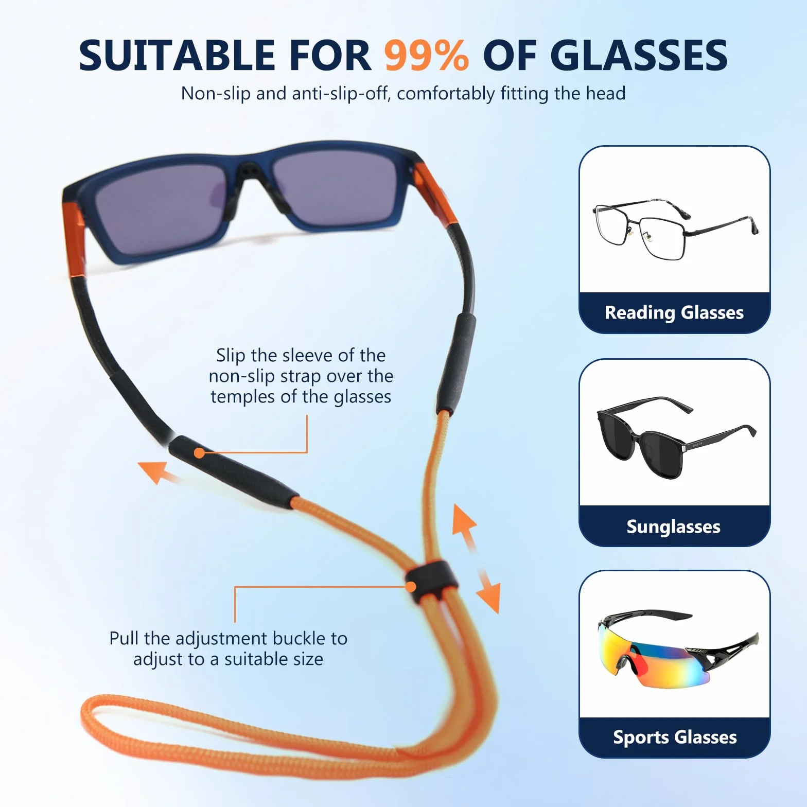 Cordon de lunettes réglable en nylon avec embouts en silicone pour lunettes de vue et de soleil