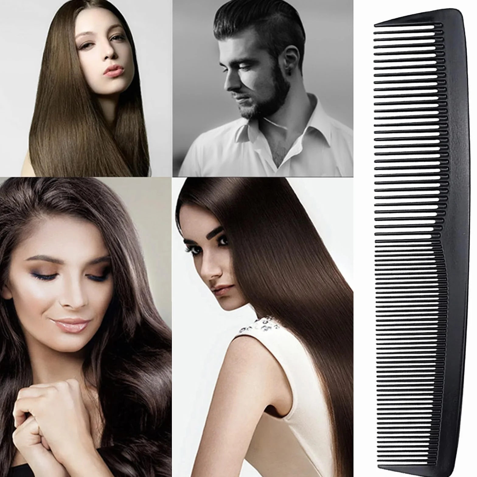 Peigne Cheveux Fin Homme Antistatique Carbone 18.7cm Dents Larges Fines Coiffure