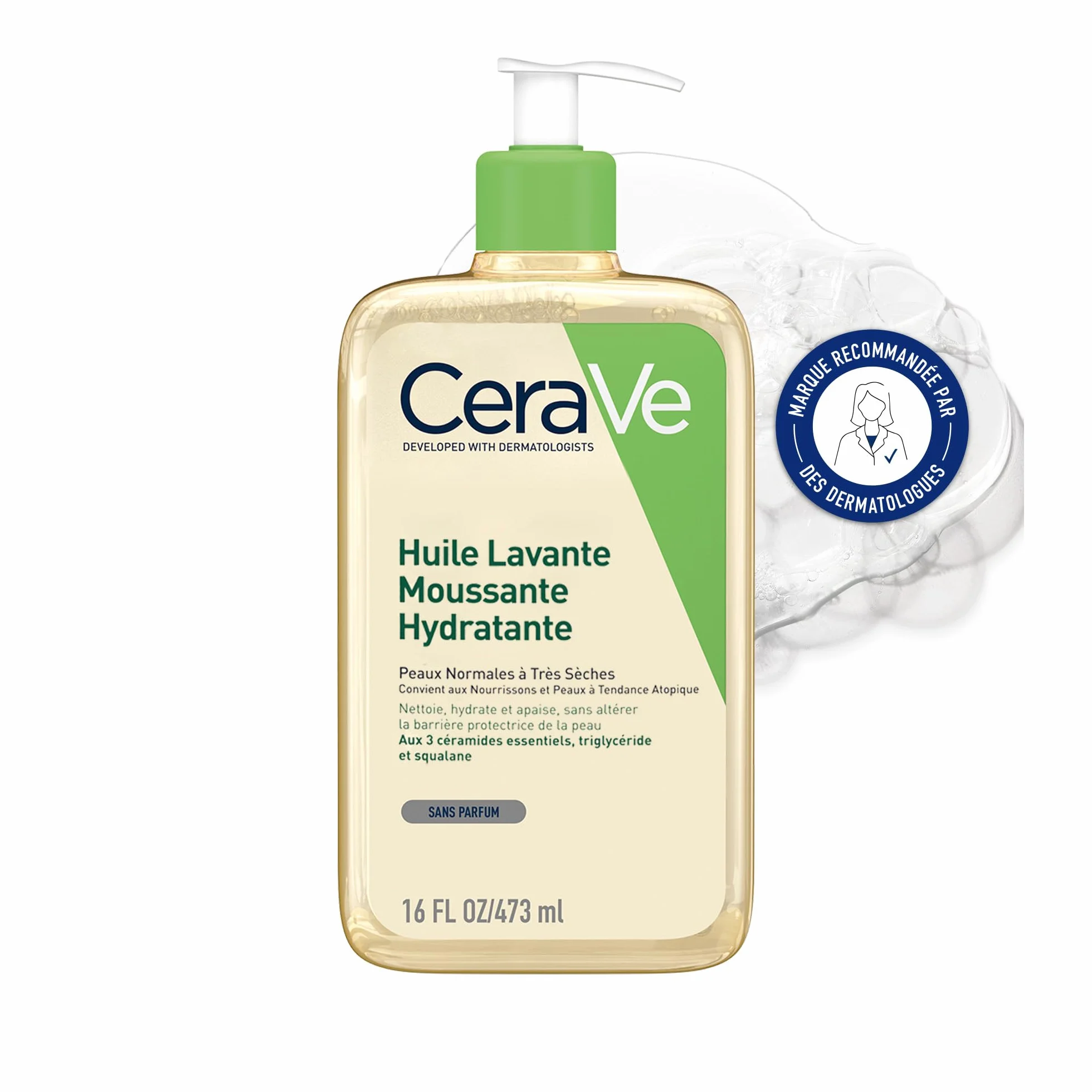 CeraVe Huile Lavante Moussante Hydratante 473 ml Céramides Triglycérides Squalane Peau Normale à Très Sèches