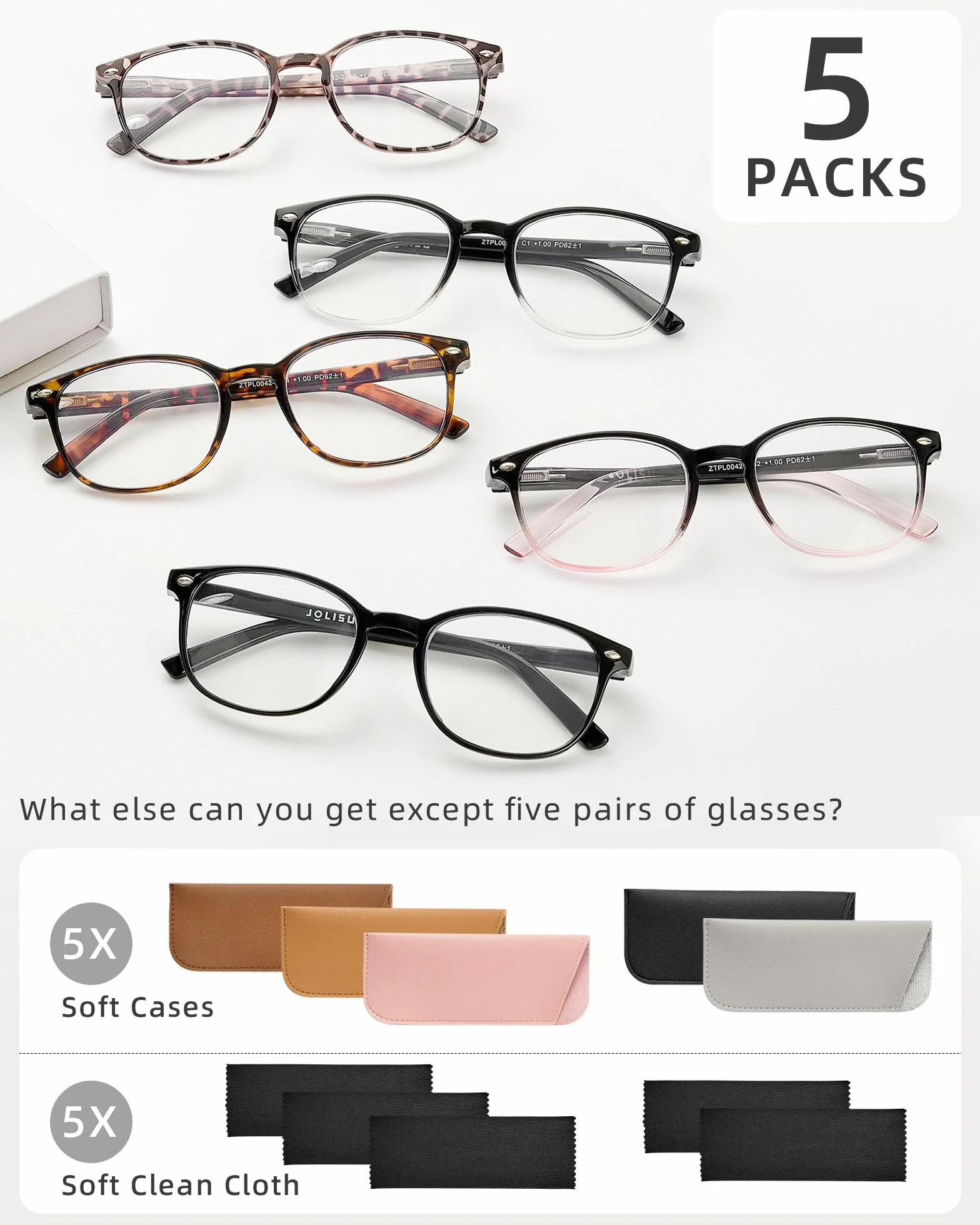 Lunettes de lecture JOLISU 5 Pack pour femmes, charnière à ressort, anti-lumière bleue