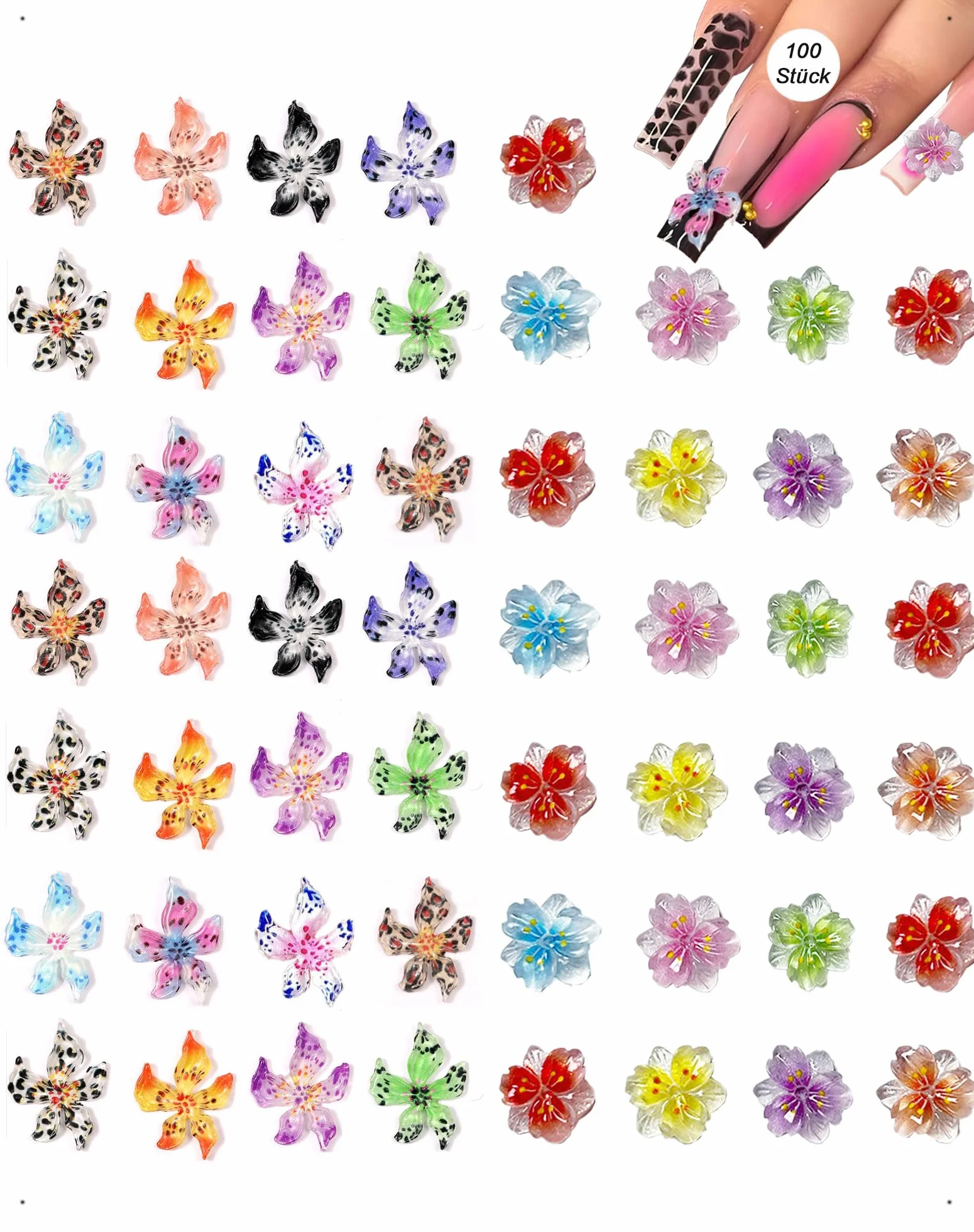 100 Pièce 3D Fleur Nail Charms, Breloques pour Ongles en Résine Cristal, Hawaïen Hibiscus Accessoires DIY 2 Style