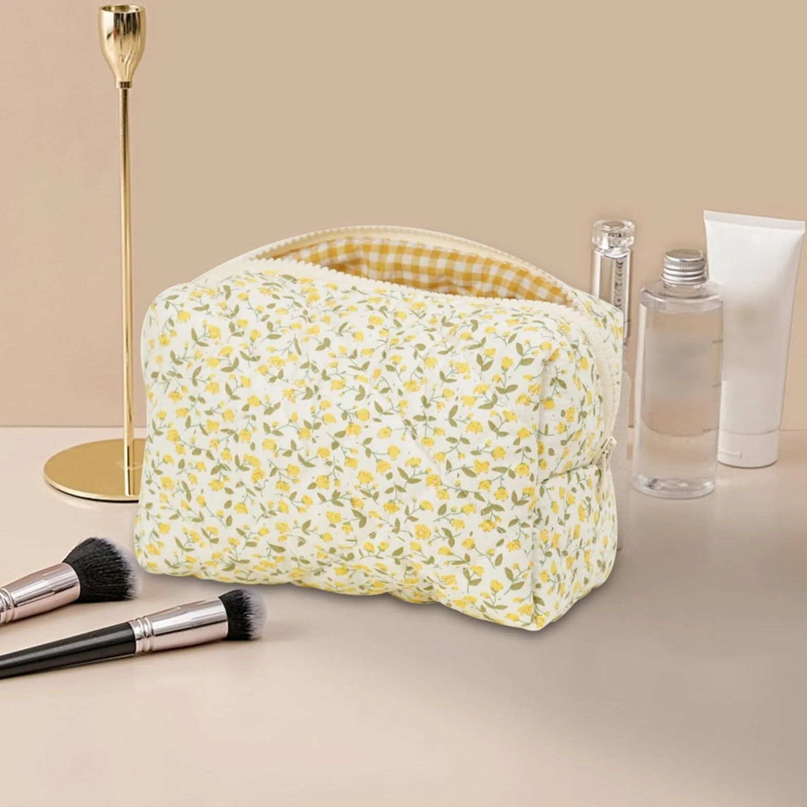Trousse de maquillage matelassée florale en coton doux, jaune