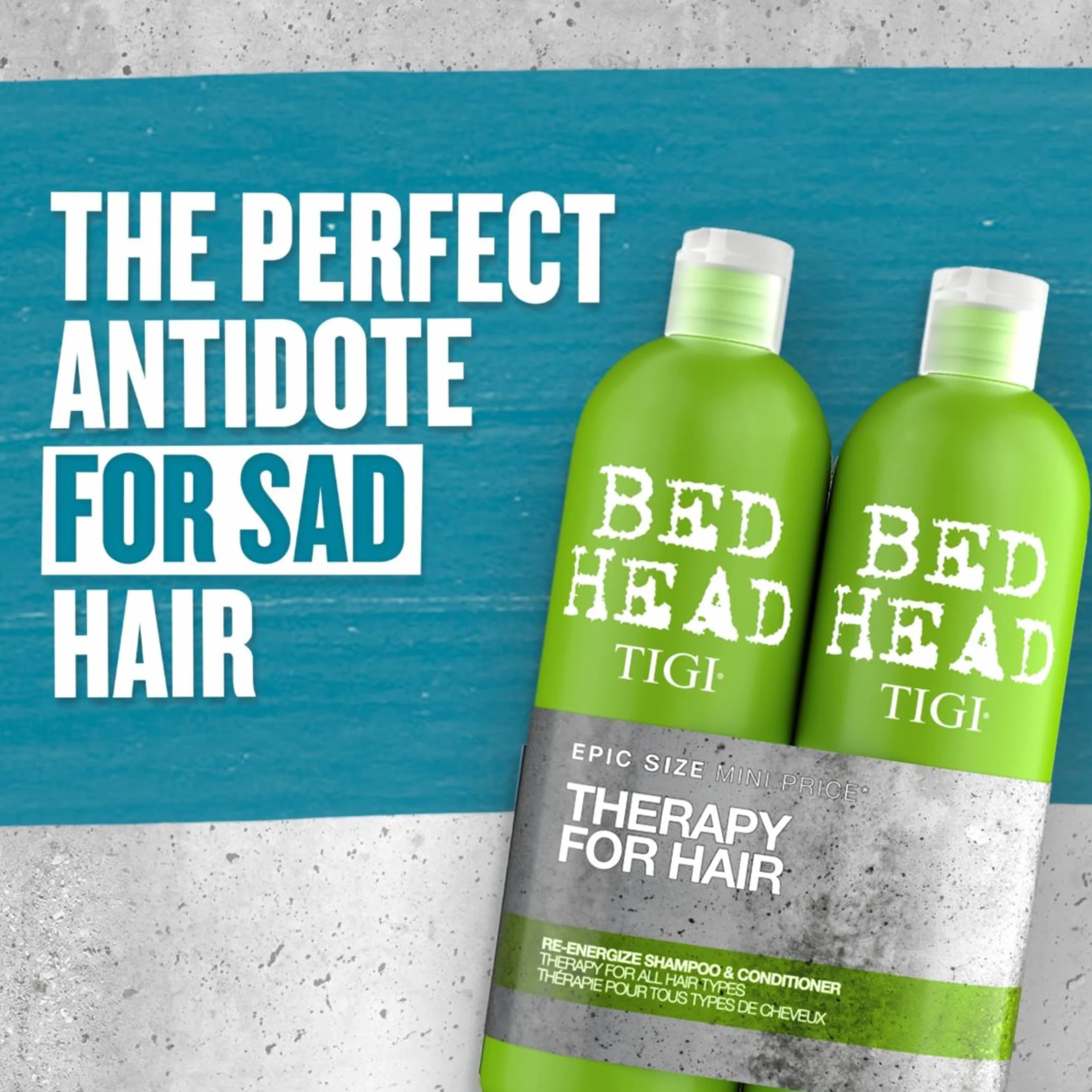 Bed Head by TIGI - Re-Energise Pack shampooing et après-shampooing énergisant - Soin capillaire professionnel pour un nettoyage en profondeur - Tous types de cheveux - 2x750 ml