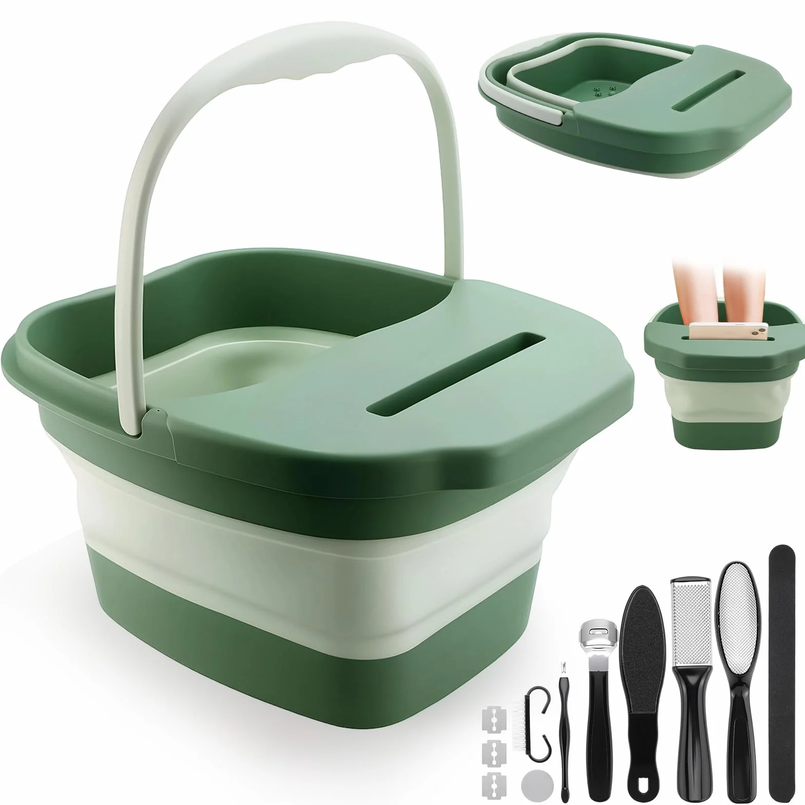 Baignoire pliable 10 en 1 avec fonction massage, limes à pieds en acier inoxydable et râpe pour callosités, bain de pieds pour pédicure professionnelle, bain de pieds bouillonnant pour soulager