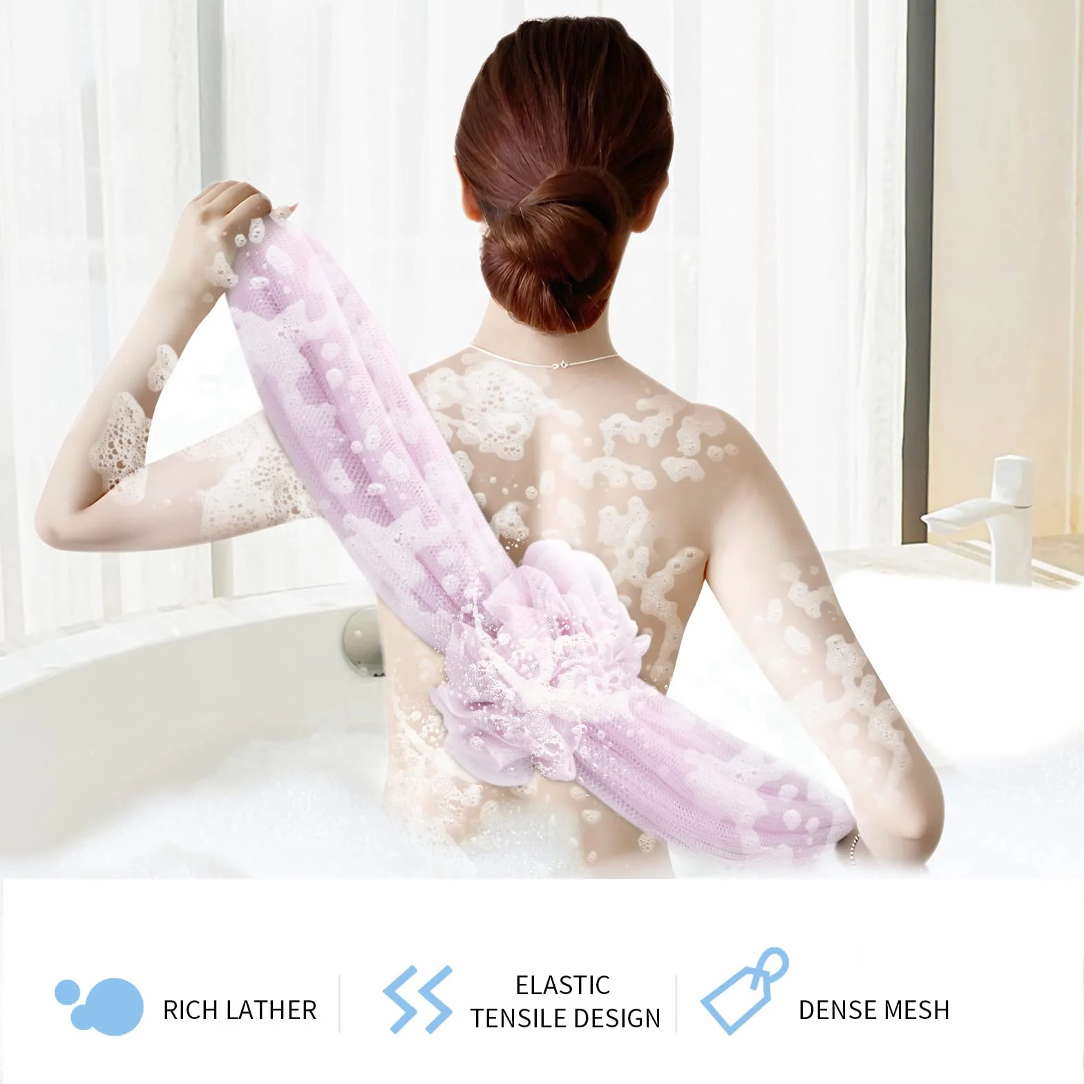 Toplive Maille Fine Fleurs de Bain Douche Long Éponge - Brosse à récurer le corps pour nettoyer et lisser la peau (Violet + Rose)