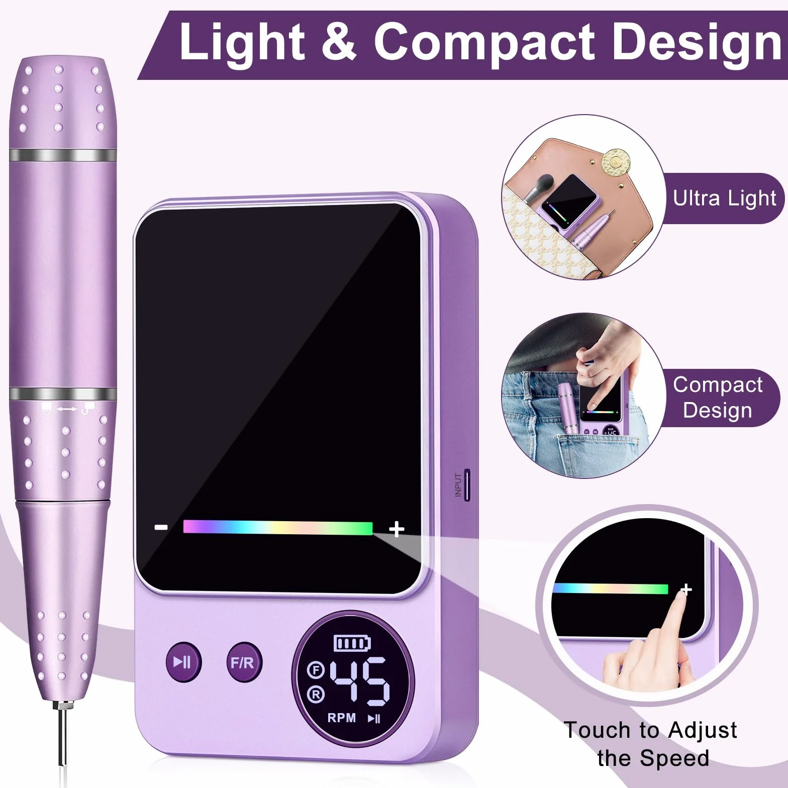 45000RPM Ponceuse à Ongles Professionnelle, Urbuti Ponceuse pour Ongles Électrique avec 11 Embouts et Écran LED, Limes à Ongles Portable pour Ongles en Acrylique et Gel, Manucure et Pédicure (Violet)