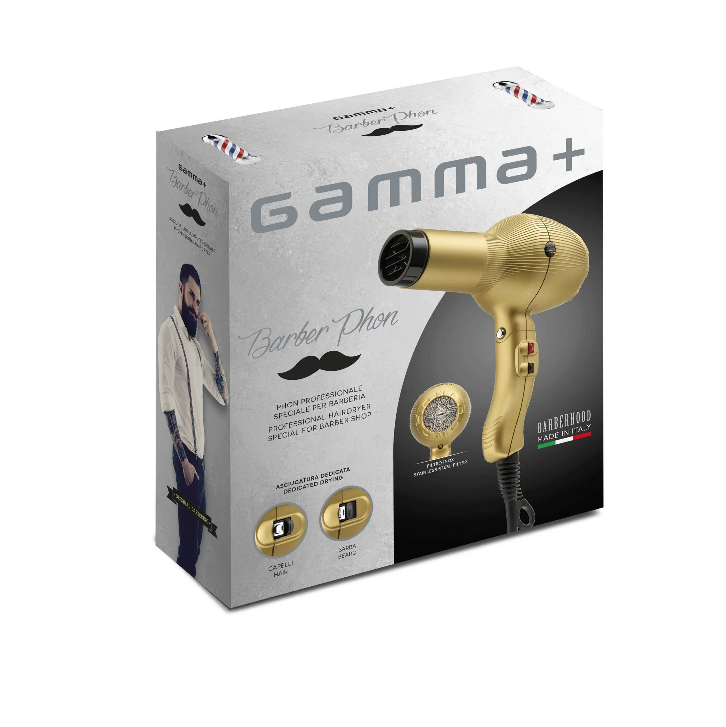 GAMMAPIU' Sèche-cheveux professionnel Barber Phon Gold Or, générateur ionique, sèche-cheveux pour barbe et moustache, léger, puissant, Fon technologie ionique, grille enduite de tourmaline, W