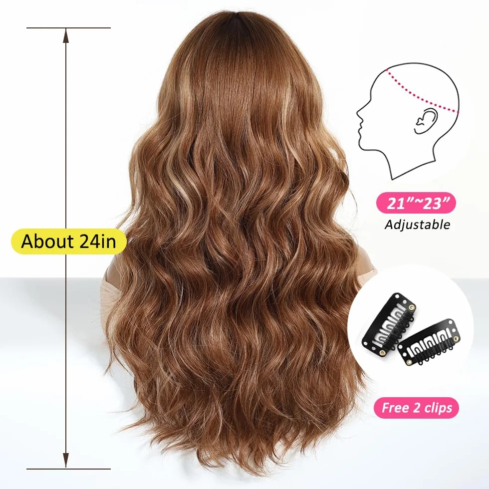 Perruques Longues Ondulées Ombre Ginger pour Femmes avec Franges Cheveux Synthétiques Naturels Perruques Résistantes à La Chaleur pour La Fête Quotidienne Cosplay Wear