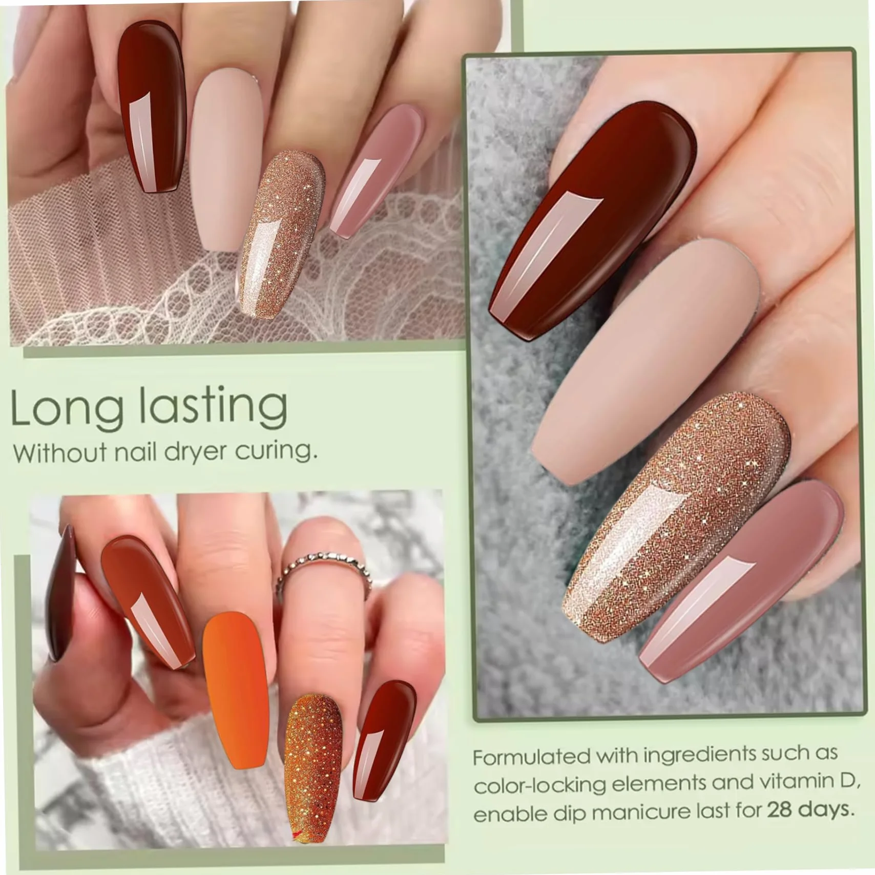 Kit de poudre de trempage pour ongles 10 pièces, 4 couleurs avec activateur base/couche finition, marron
