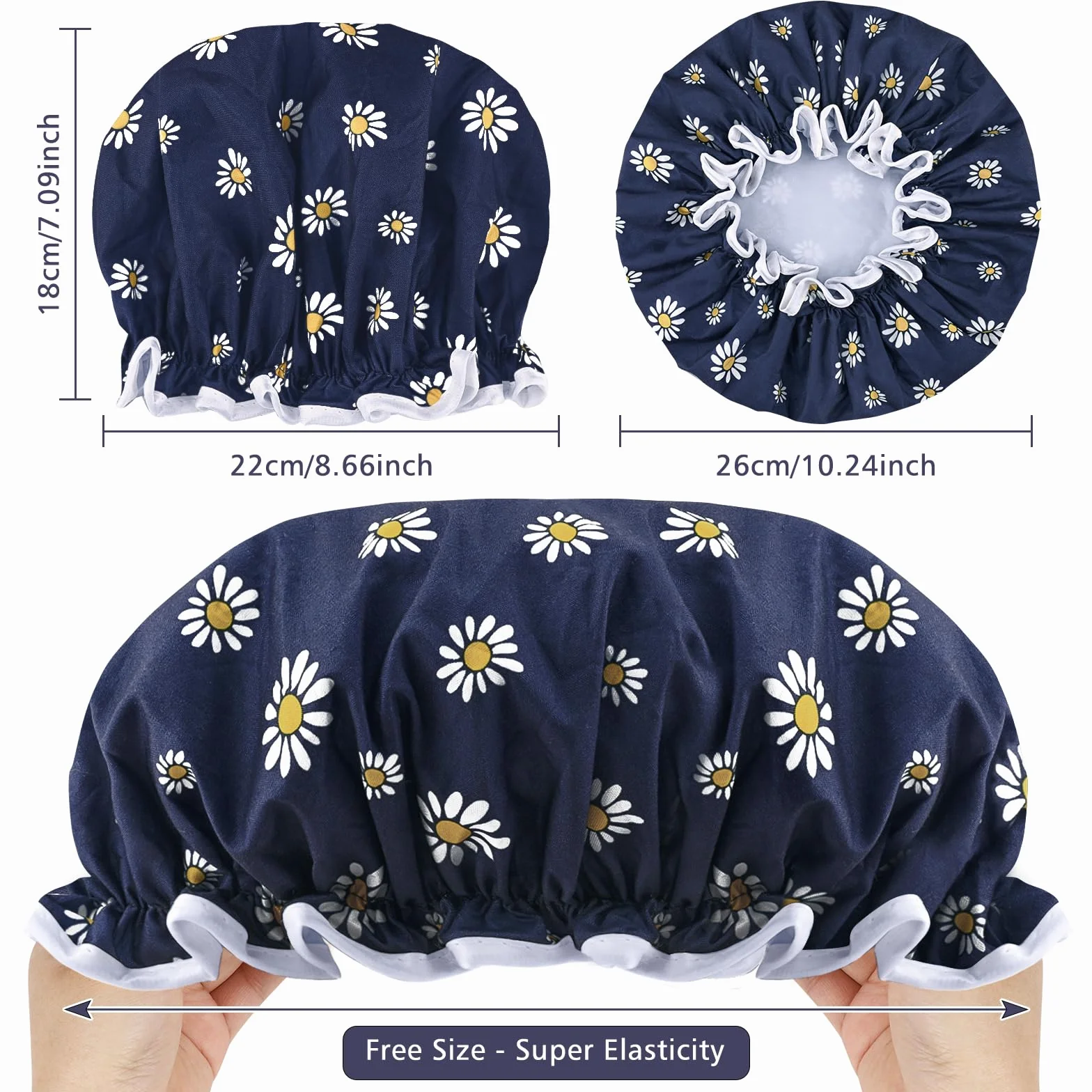 Bonnet de douche imperméable double couche pour femme motif floral unique réutilisable Marguerite Bleu Foncé