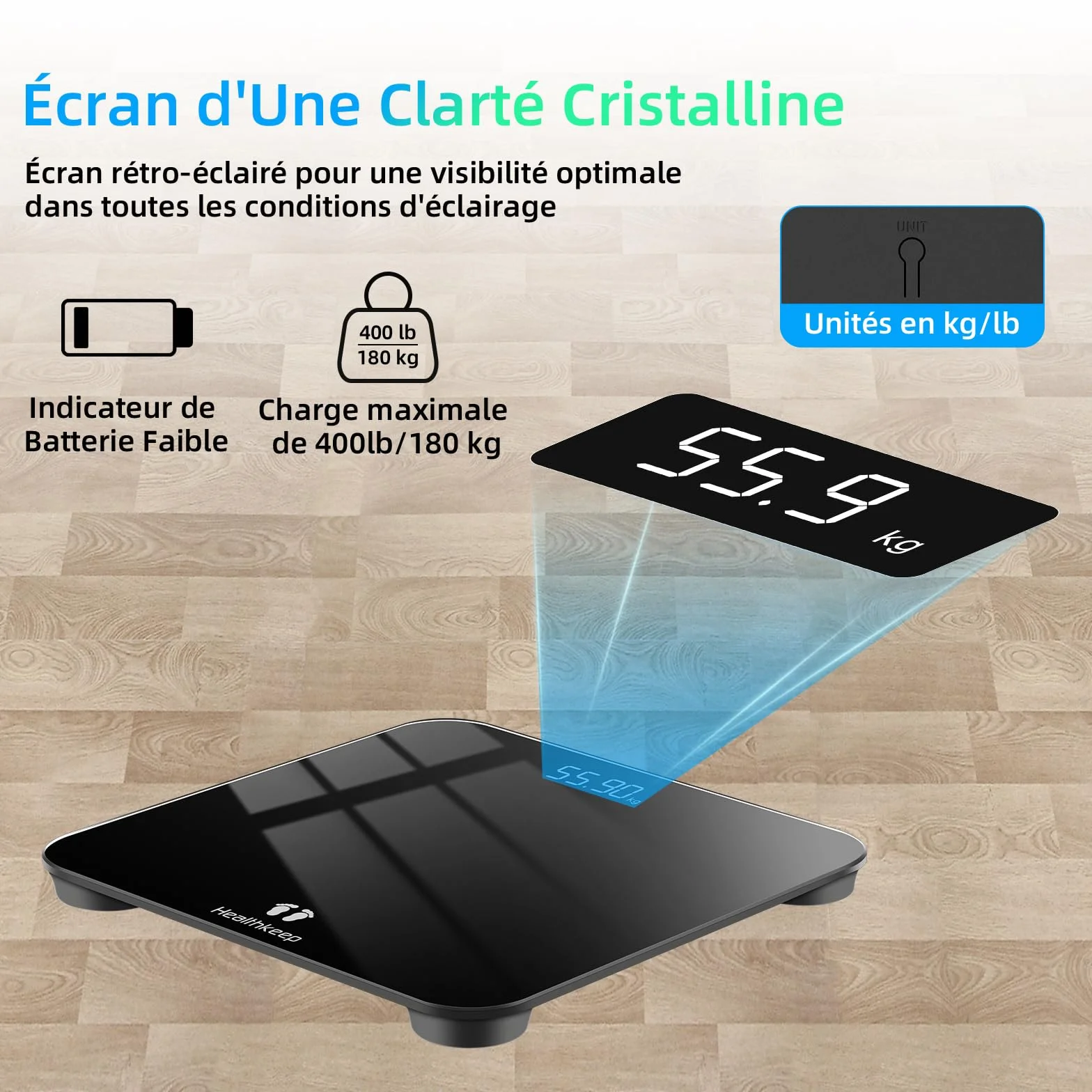 Healthkeep Balance Personne Numérique Haute Précision 180kg 400lb Verre Trempé 5mm