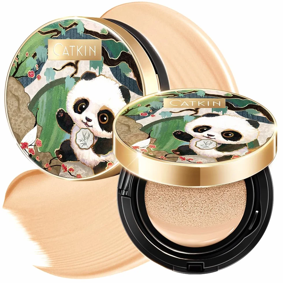 CATKIN Panda Land Cushion Foundation, Fond de Teint BB Creme, Anticernes, Anti-Terne et Anti-Rougeurs, Hydratation 24H, Sheer Finish, pour les Peaux Sensibles, avec Recharge, 15g*2