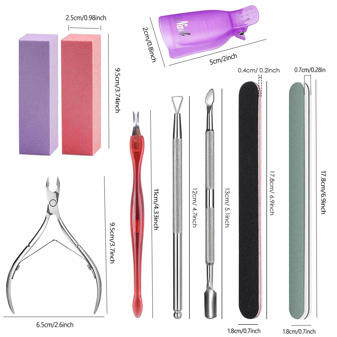 Kit Gel Dissolvant Vernis à Ongles, 10 Capuchons, Lime à Ongles, Poussoir Cuticules, Bloc Polissage