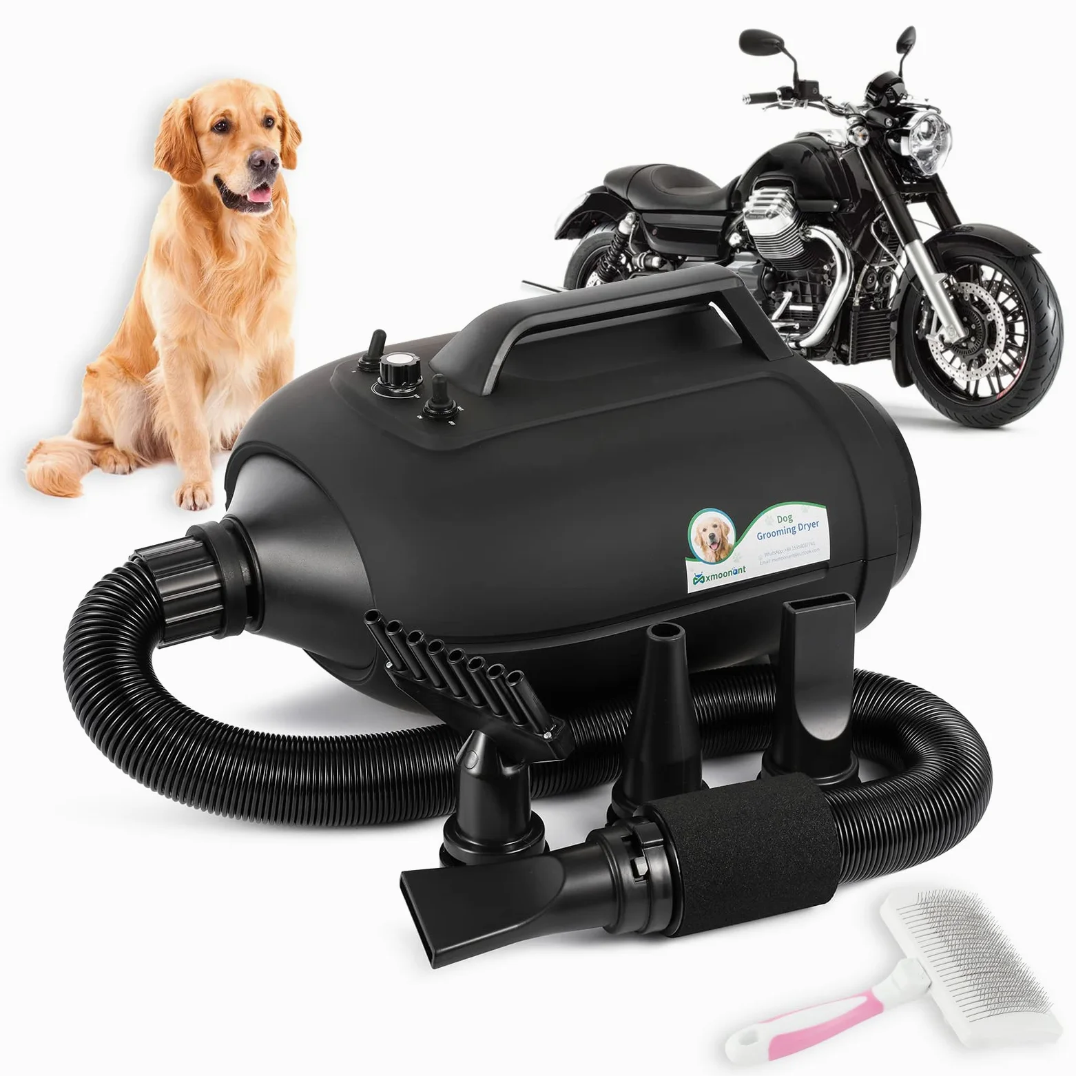 Mxmoonant 3500W Double Moteur Sèche-Cheveux pour Chien de Grande Taille | Chiens à Poils Longs, Soins aux Animaux, Motocycles, Vitesse et température réglables, avec 4 Buses & brosse à Chien