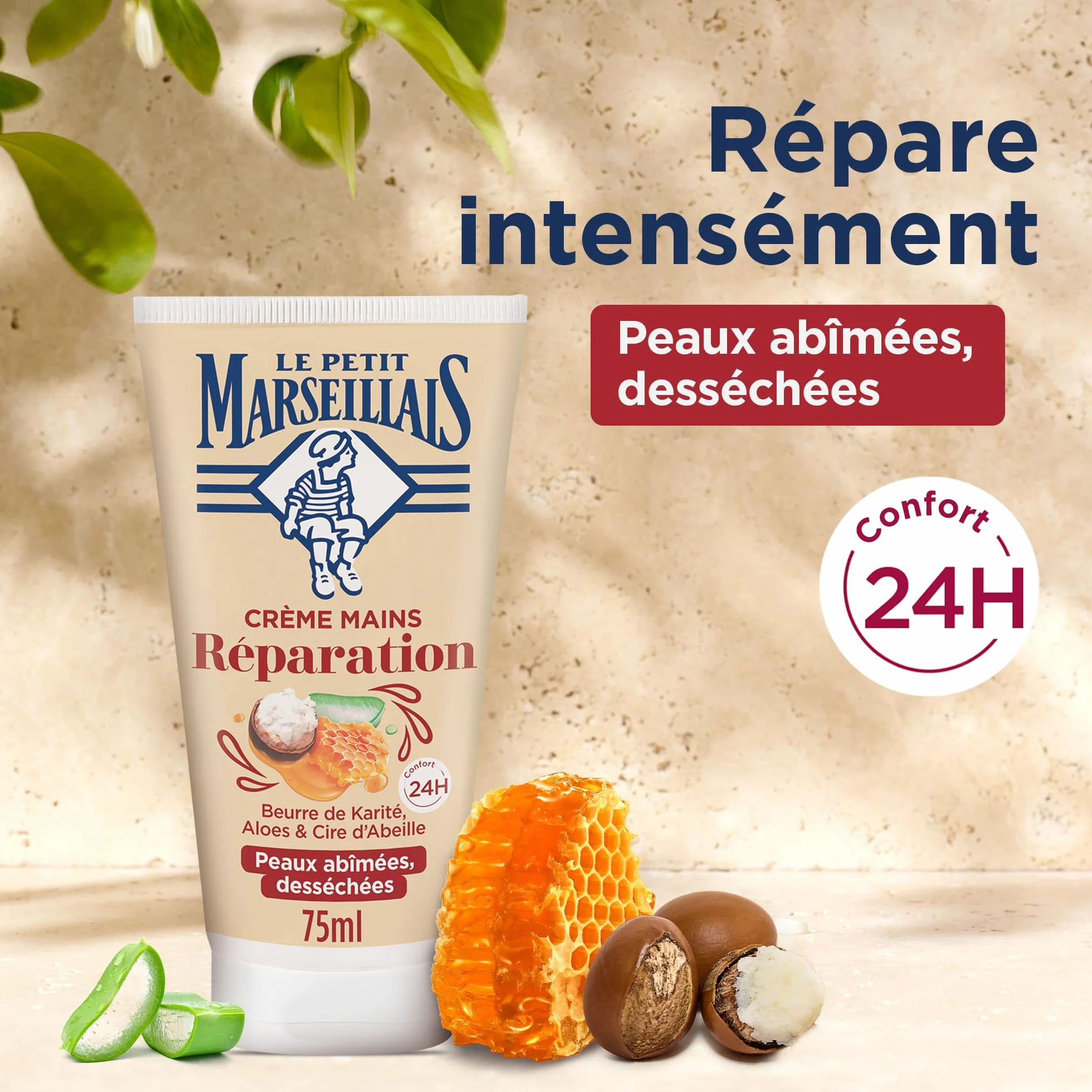 Le Petit Marseillais Crème Mains Réparation Peaux Abîmées et Desséchées 75 ml – Crème réparatrice au beurre de karité, aloès et cire d'abeille