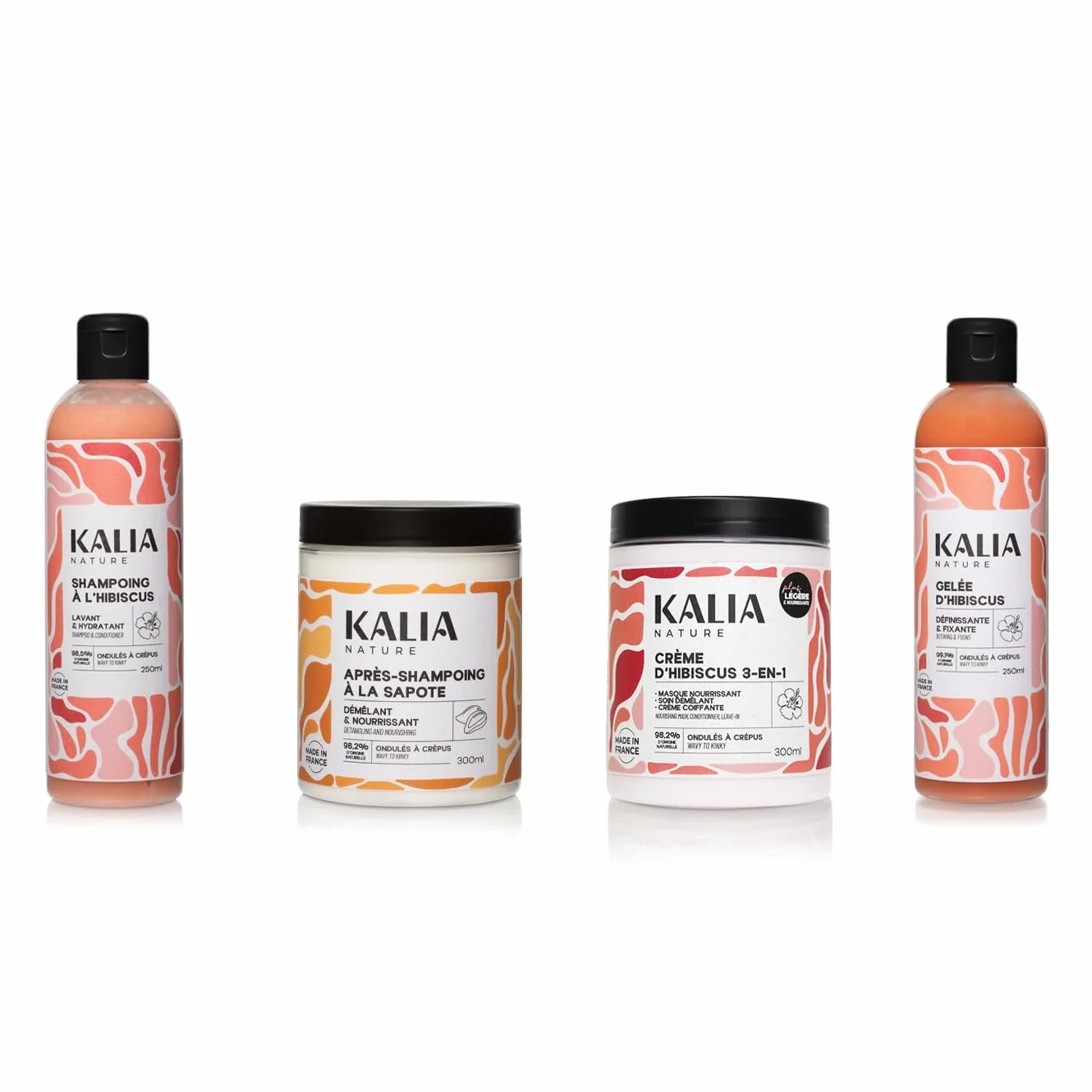 Kalia Nature - Routine Cheveux Frisés - Shampoing Hibiscus, Apres Shampoing Sapote, Crème 3-en-1 & Gelée Hibiscus - Coffret cadeau cheveux frisés - Hydrate, démêle et définit