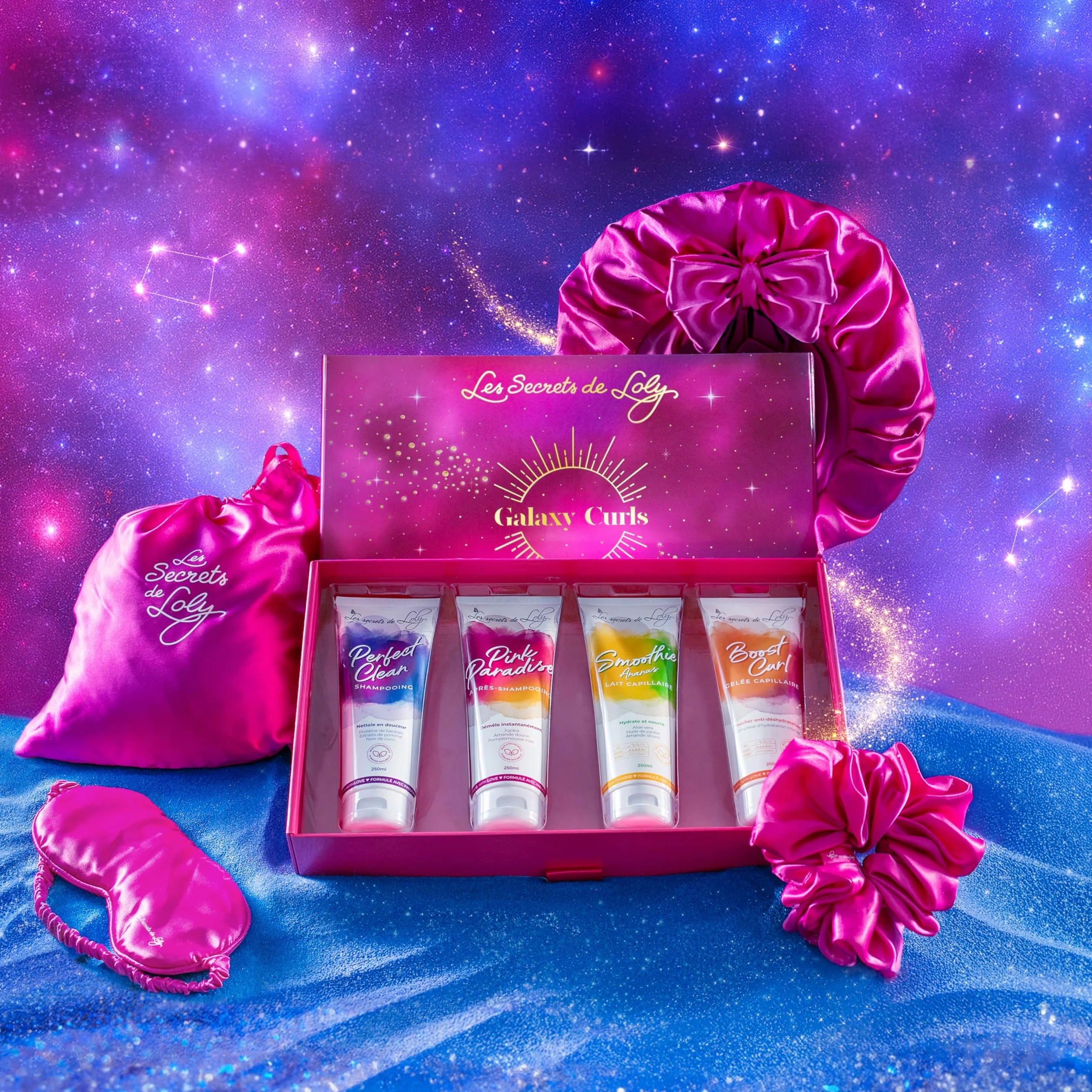 Les Secrets De Loly Coffret de Noël Cheveux Frisés Routine Complète 4 Produits 3 Accessoires Satin Hydratation Nutrition Intense Galaxy Curls