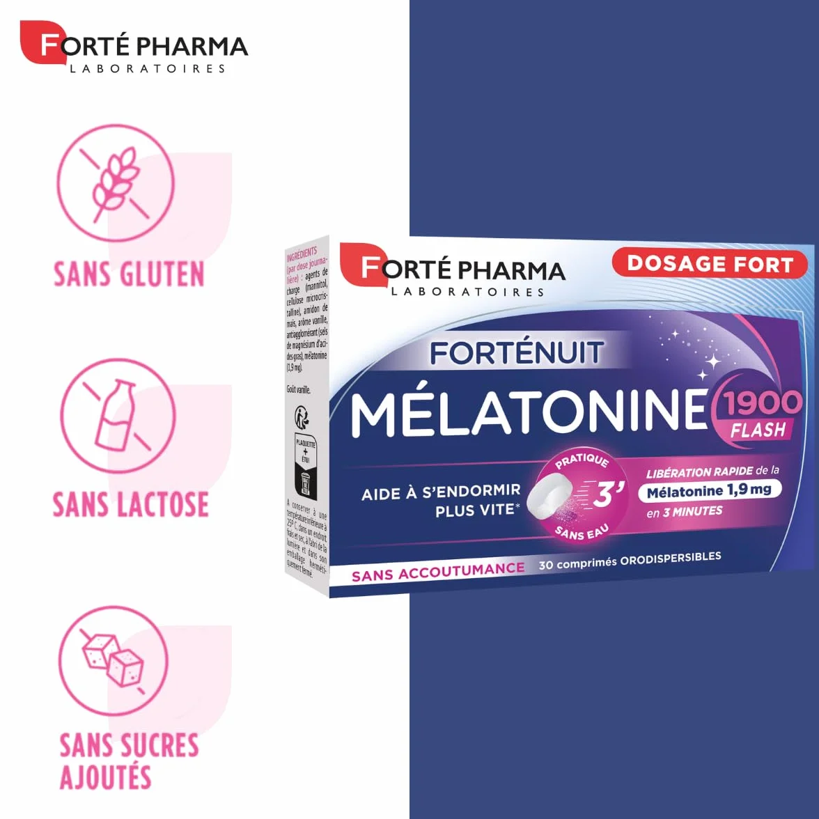 Forté Pharma Mélatonine 1900 Flash 1,9mg Complément Alimentaire Sommeil Adulte 30 comprimés orodispersibles