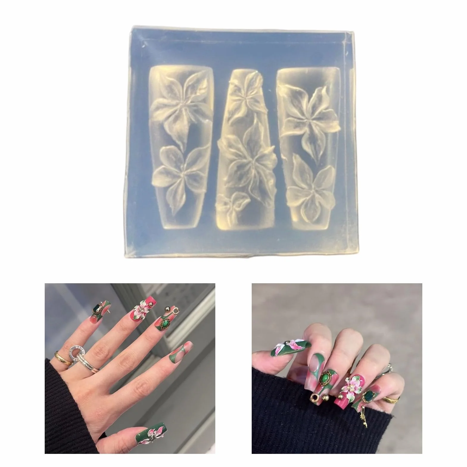 Moule réutilisable en silicone pour nail art motif floral fait à la main modèle de manucure