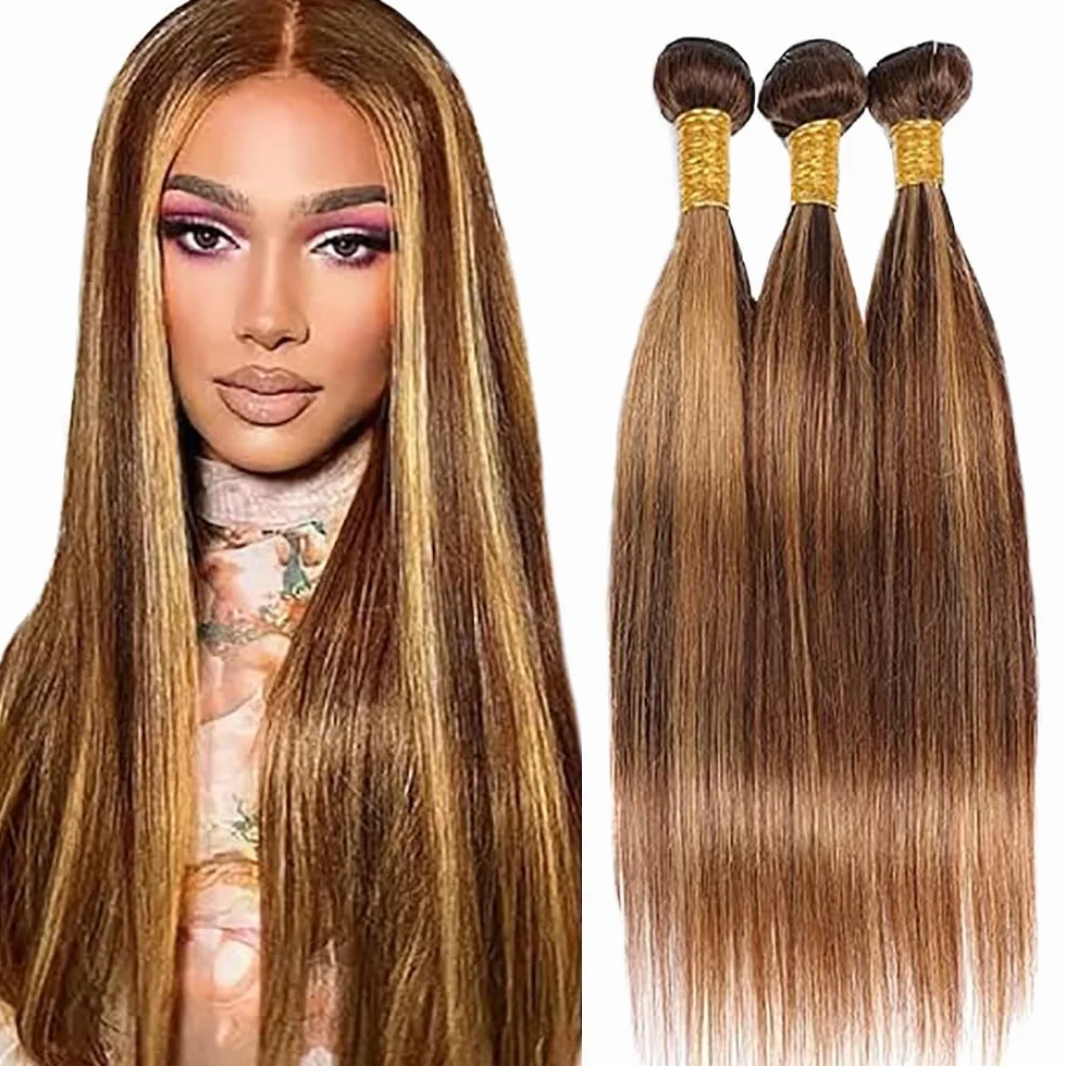 Human Hair Bundles Straight Tissage Naturel Cheveux Humain 100% Unprocessed Brésilienne Remy Virgin en lot Meches Weave Extensions Double Weft Color Highlight Blonde 18 20 22 Pouces