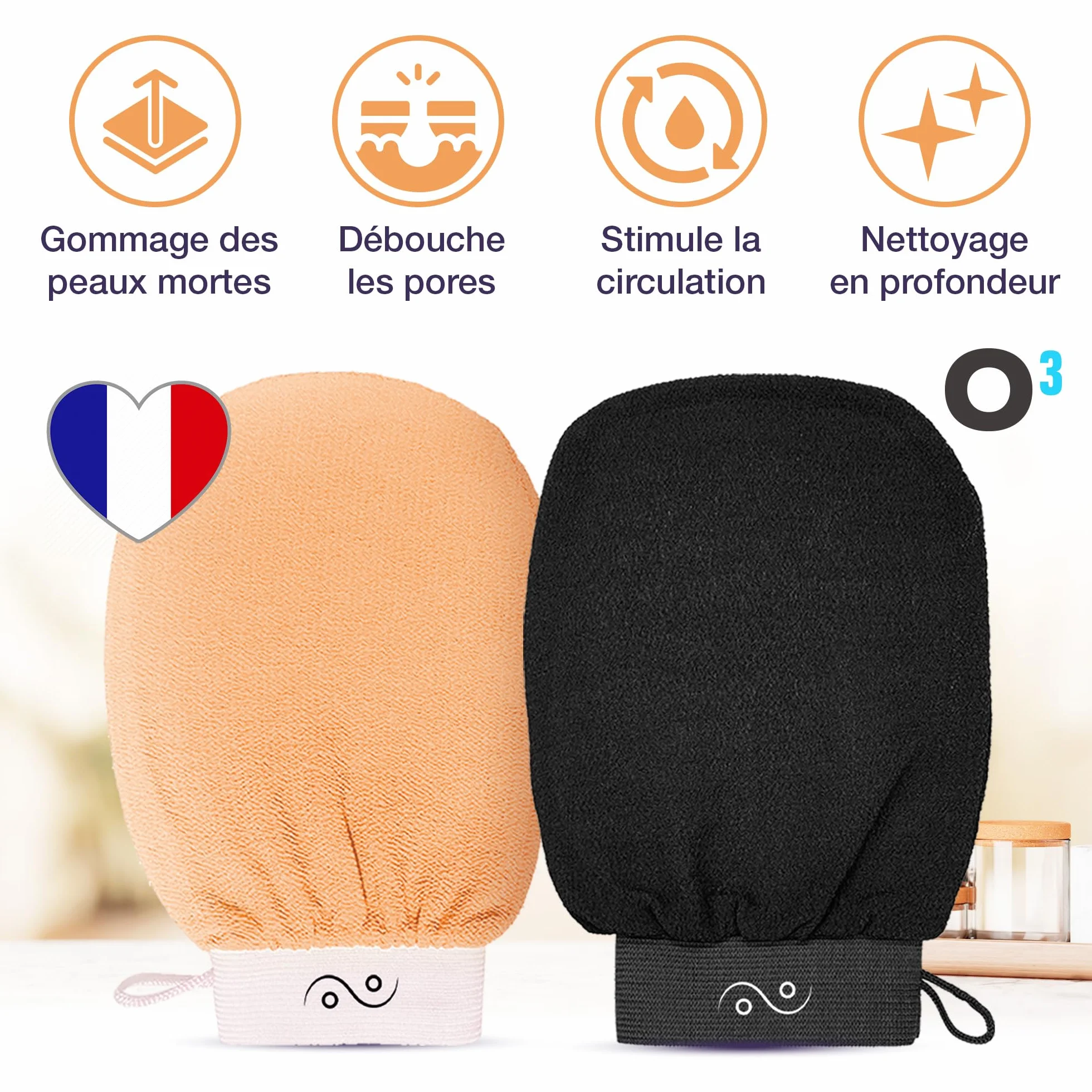 Gant Exfoliant Corps – Lot de 2 Gants Kessa – Gommage Corps et Visage Naturel (Noir/Saumon)
