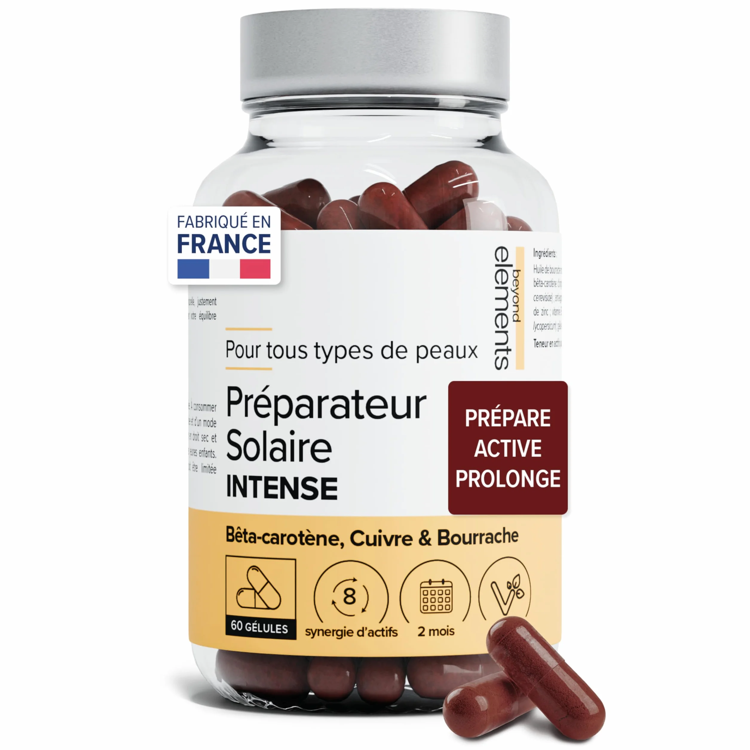 Beyond Elements Préparateur Solaire 3-en-1 Beta Carotene Huile de Bourrache Cuivre 2 Mois Vegan
