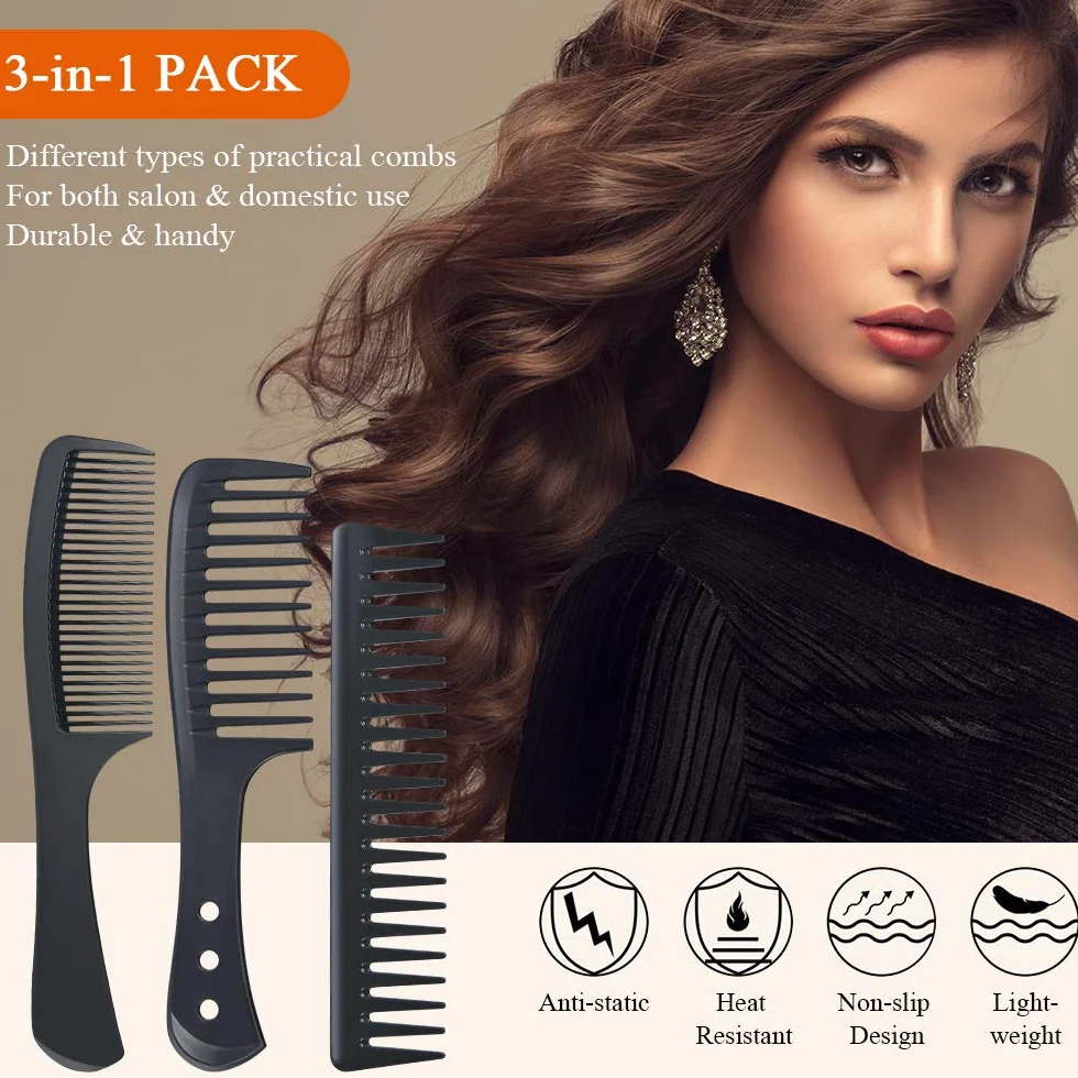 Peignes à dents larges résistants à la chaleur antistatiques carbone pour cheveux longs bouclés