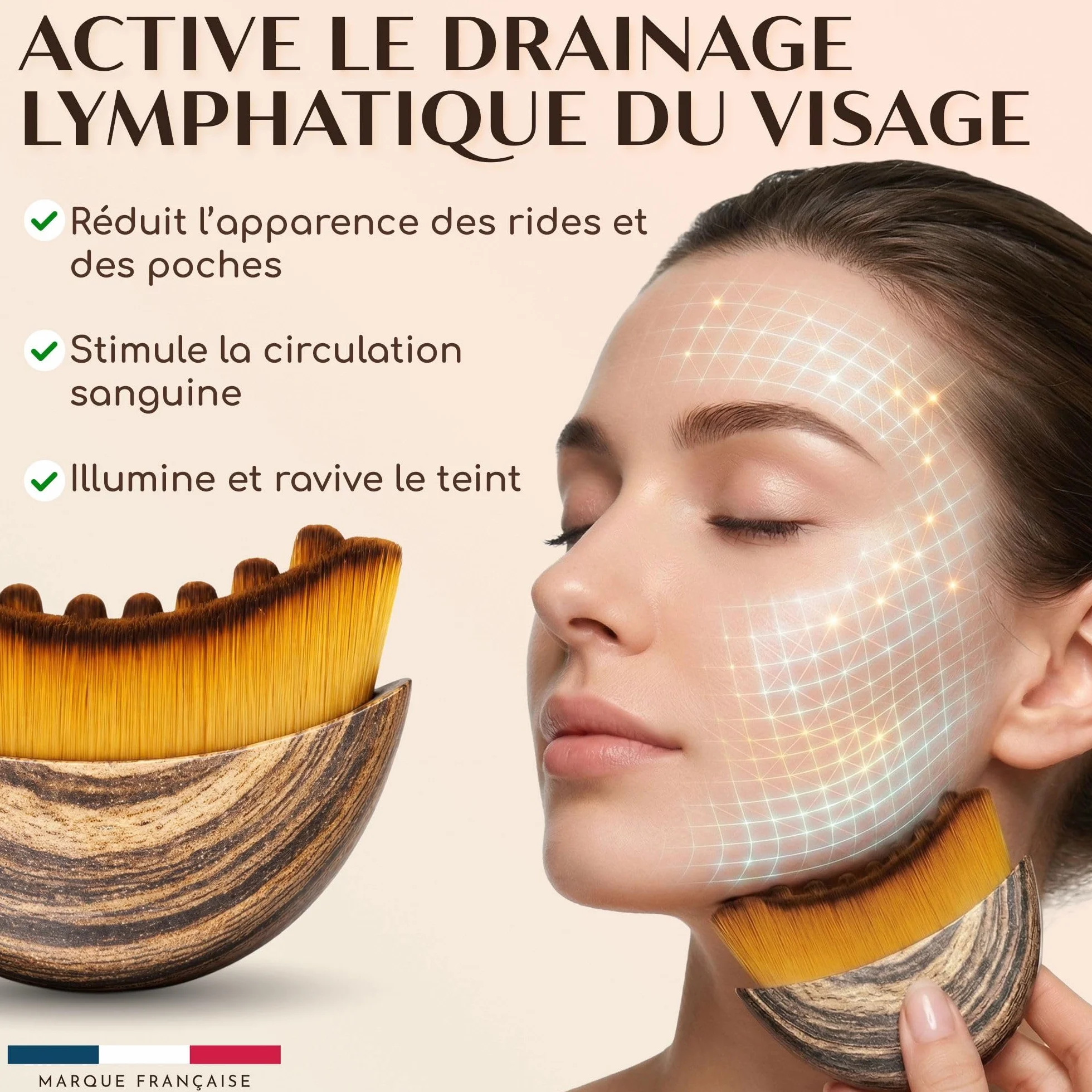 Brosse Lymphatique Visage Anti-Ride Drainage, Poils Doux, Stimule Circulation Détox Anti-Poches Anti-Cernes