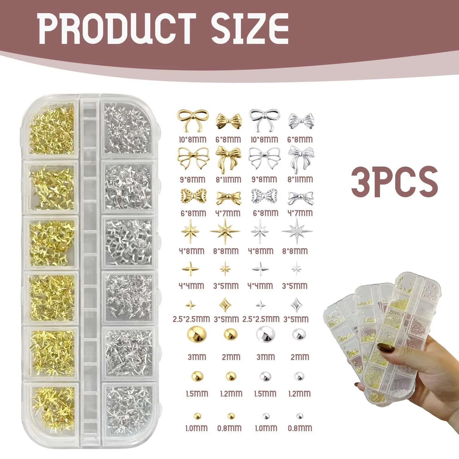 Kit Nail Art Strass Ongle Lot de 3 Boîtes 36 Types Étoile Dorée Argentée Perles Pince à Épiler