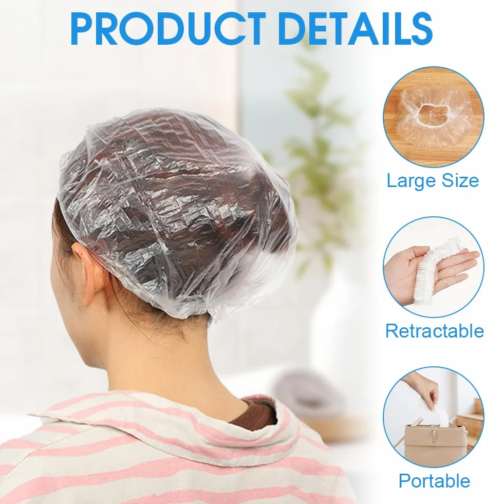 Bonnets de Douche Jetables 100PCS Charlotte Cheveux En Plastique Imperméables Élastiques Usage Unique